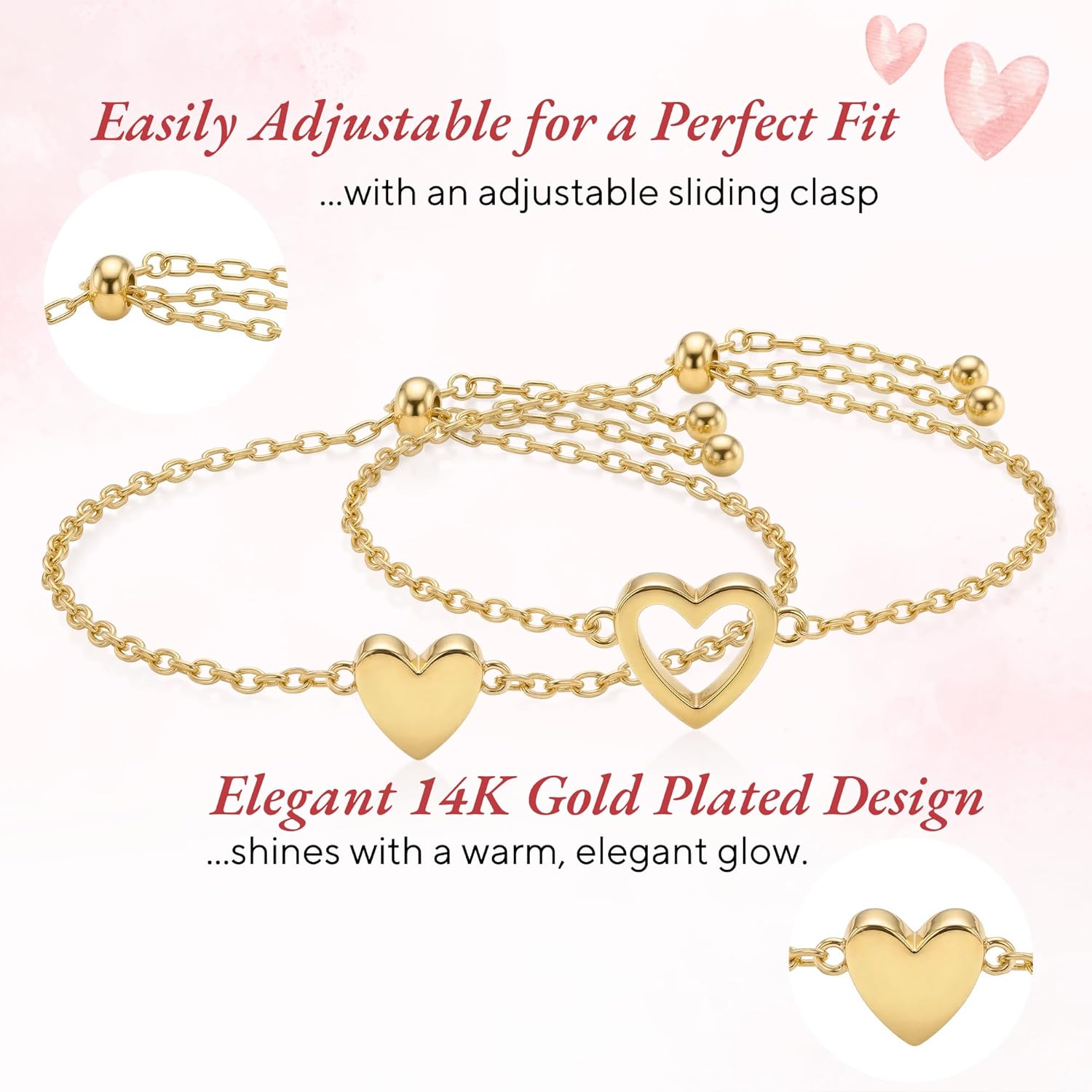 SUCHAGIFT Mother Daughter Bracelets Set for 2 - Mothers Day, Birthday Gifts for Mom from Daughter - Bracelet for Mom - 14K Gold Plated Stainless Steel Matching Heart Bracelets