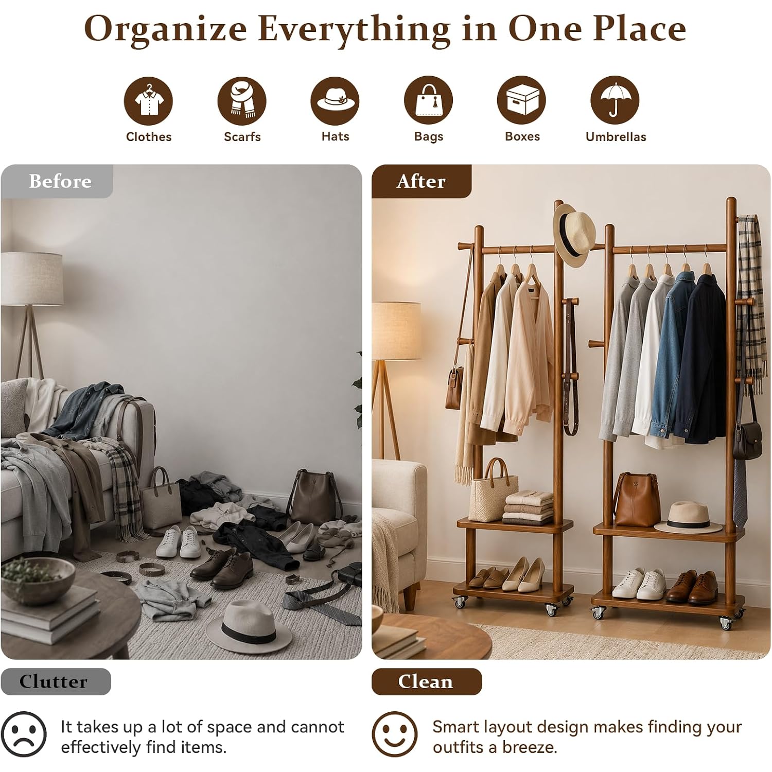 Solid Wood Coat Rack Freestanding Clothing Rack With Wheels & 2 Shelves Storage & 5 Hooks Heavy Duty Clothes Rack Wood Coat Tree Stand Hat Hanger Rack For Corner Bedroom Entryway Living Room Hotel