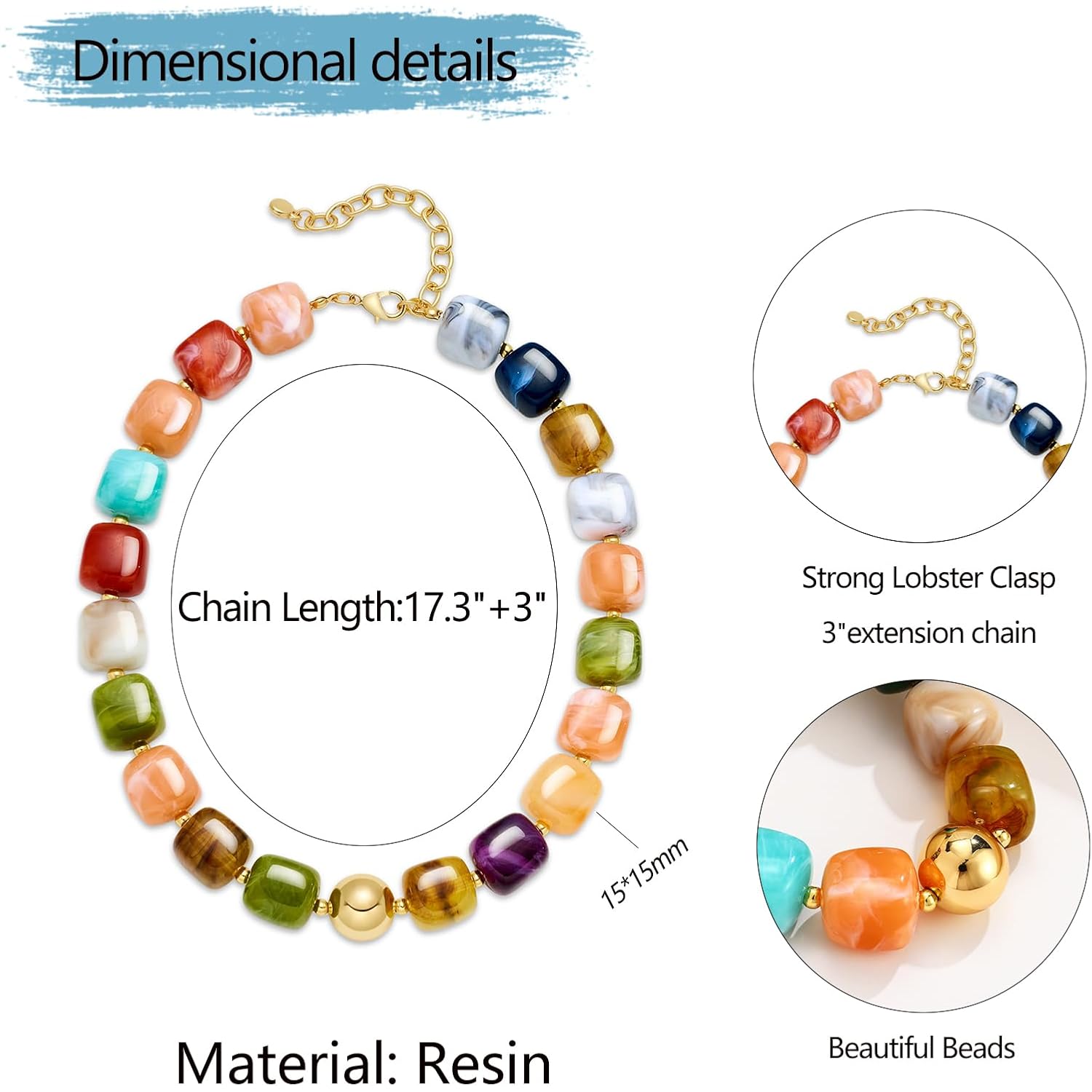 Chunky Colorful Beaded Choker Necklace for Women, Summer Beach Statement Resin Beads Necklace, Trendy Womens Summer Beach Jewelry Birthday Gifts for Vacation Holiday