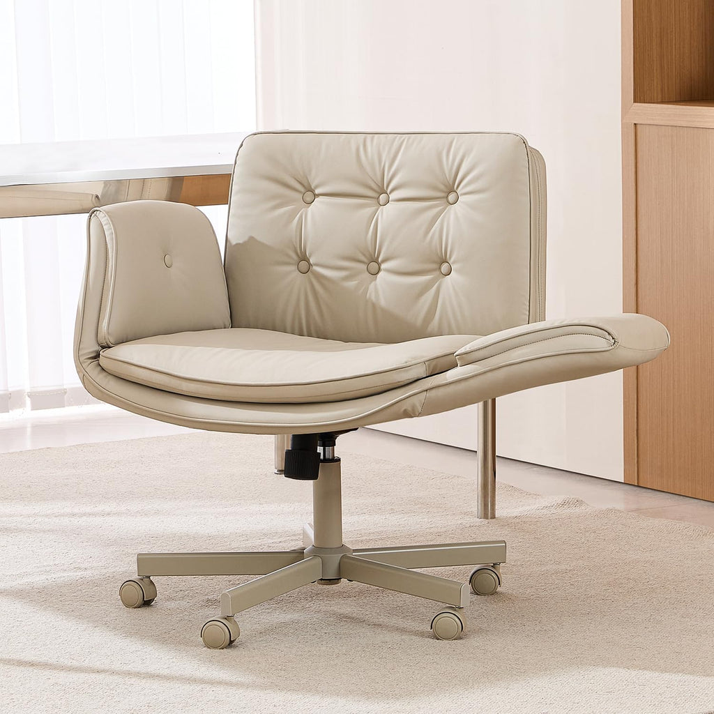 Amseatec Criss Cross Office Chair, Pu Leather Vanity Chair With 5-Level Adjustable Armrests & Swivel, Ergonomic Criss Cross Chair For Home Office Bedroom Makeup（Cream）