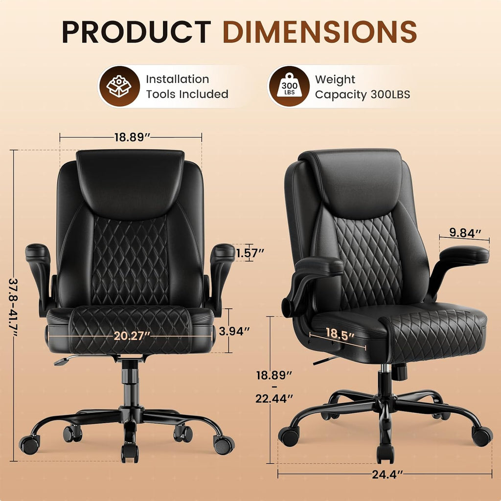 Gtplayer Leather Office Chair, Home Desk Chair With Flip-Up Arms And Ergonomic Back - Comfy Heavy Duty Executive Chair For Home Office Gaming, Black