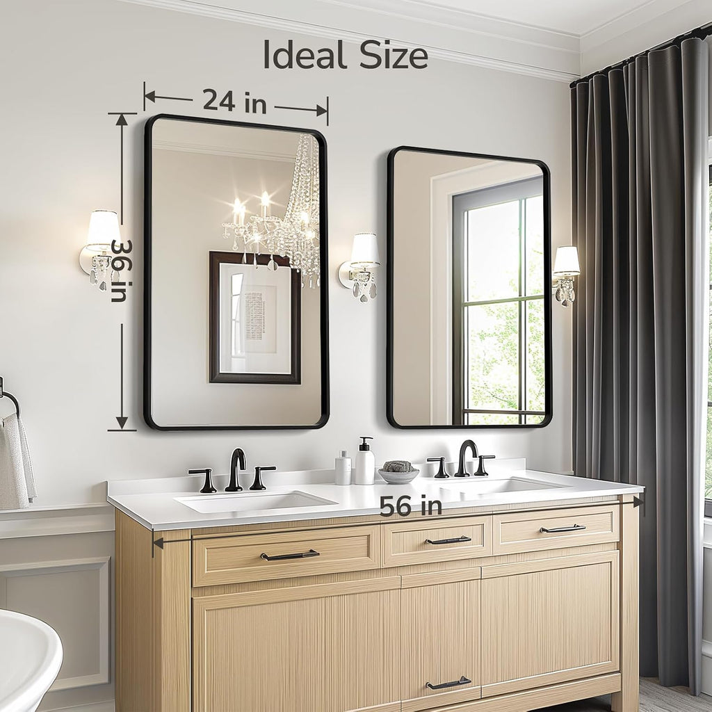 2-Pack Black Bathroom Mirrors For Over Sink 24 X 36 Inch, Metal Frame Rectangle Wall Mirror, Modern Farmhouse Vanity Mirror, Wall Mounted