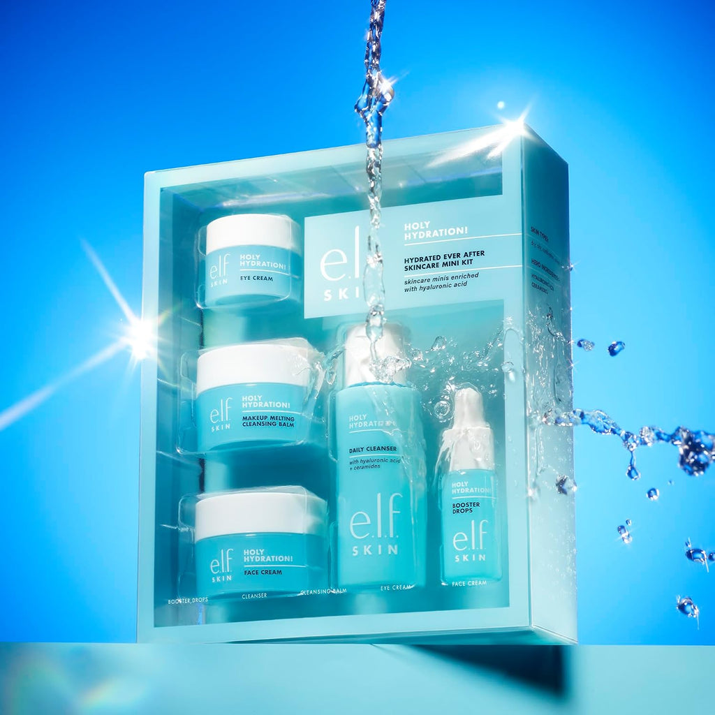 E.L.F. Skin Holy Hydration! Hydrated Ever After Skincare Mini Kit, Cleanser, Makeup Remover, Moisturizer & Eye Cream For Hydrating Skin, Airplane-Friendly Sizes