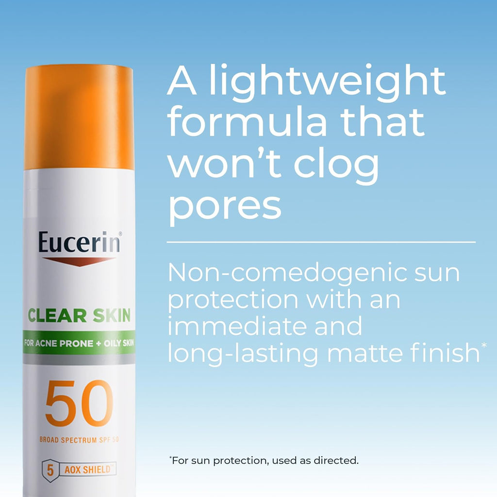Eucerin Sun Clear Skin Face Sunscreen Lotion Spf 50 For Acne Prone And Oily Skin, Lightweight Sunscreen With Oil-Absorbing Minerals, Won'T Cause Breakouts, Hypoallergenic, 2.5 Fl Oz Bottle
