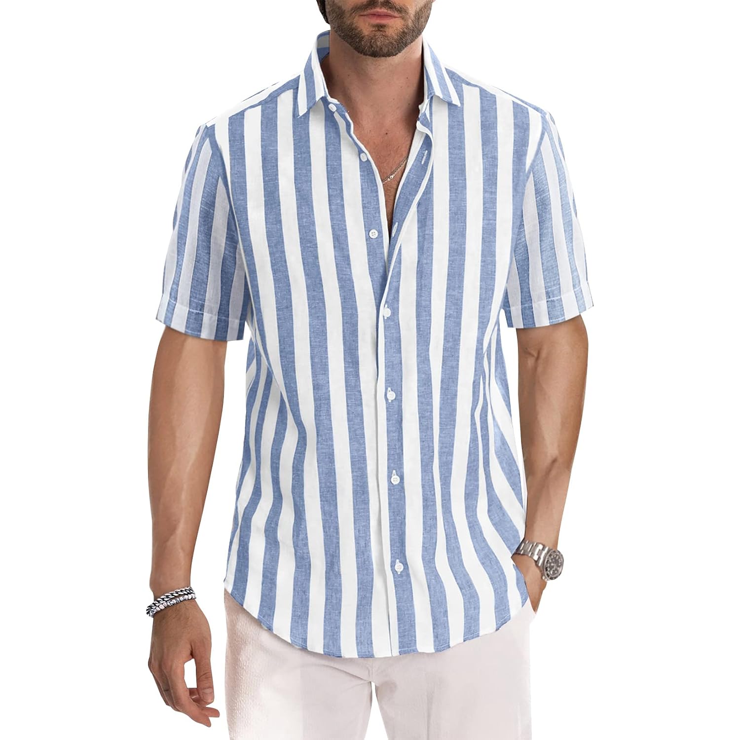 Jmierr Men'S Casual Stylish Short Sleeve Button-Up Striped Dress Shirt Cotton Beach Shirts