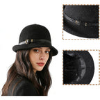 Women Straw Cloche Sun Hat Summer Church Hat 1920s Round Beach Bowler Bucket Hats Roll Brim Travel Caps Belt/Black