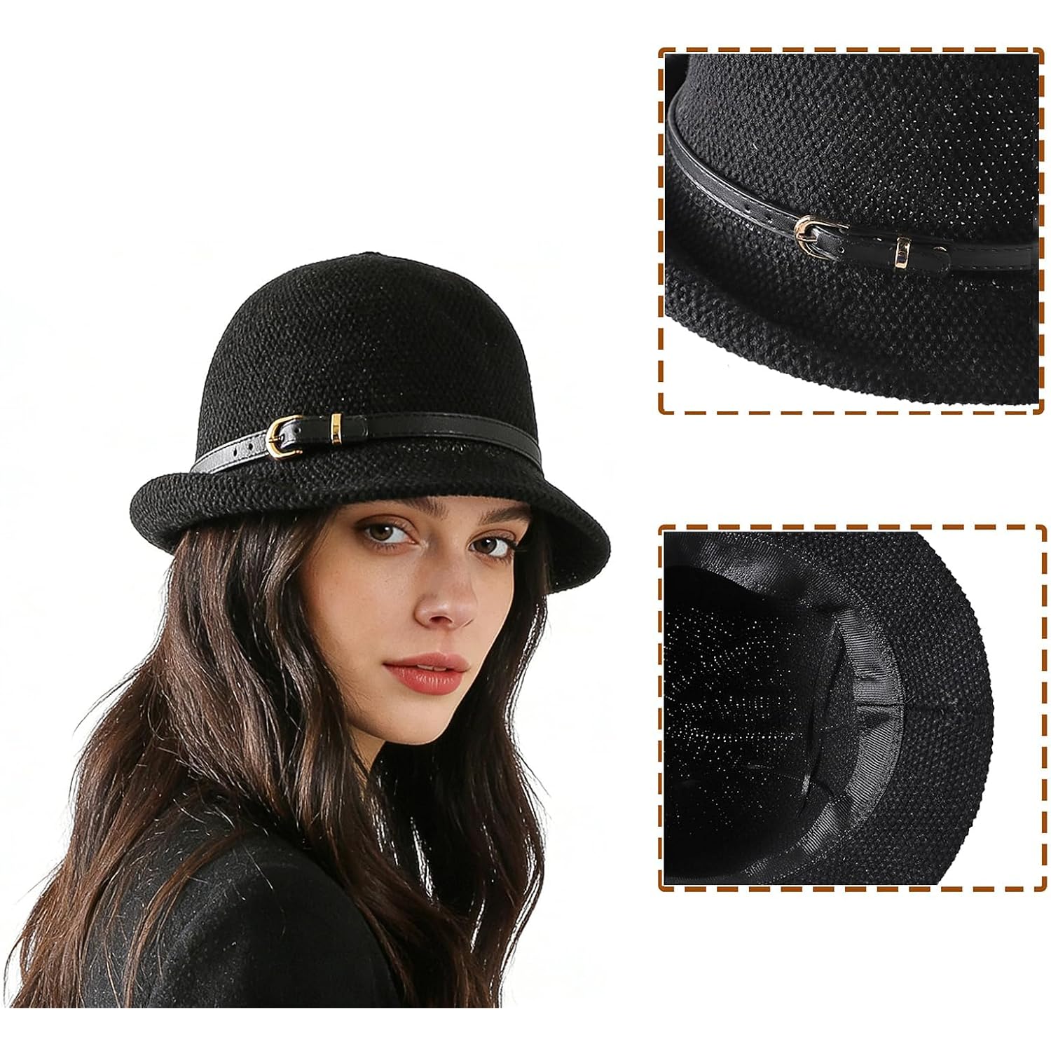 Women Straw Cloche Sun Hat Summer Church Hat 1920s Round Beach Bowler Bucket Hats Roll Brim Travel Caps Belt/Black