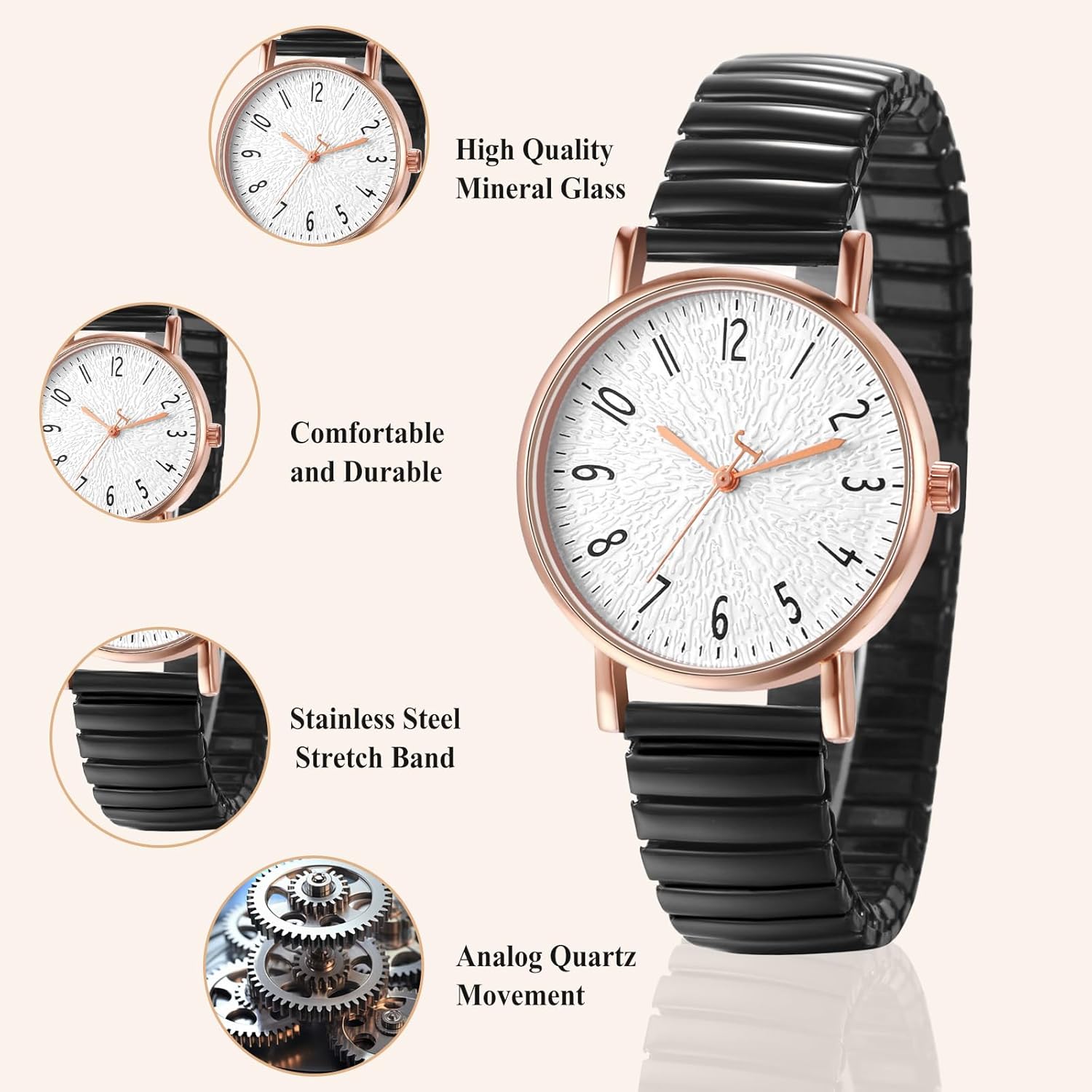 OIDEA Women's Elastic Strap Watches: Large Face Arabic Numerals Analog Quartz Wrist Watches for Women Easy Reader Stretch Band Waterproof Ladies Wratch