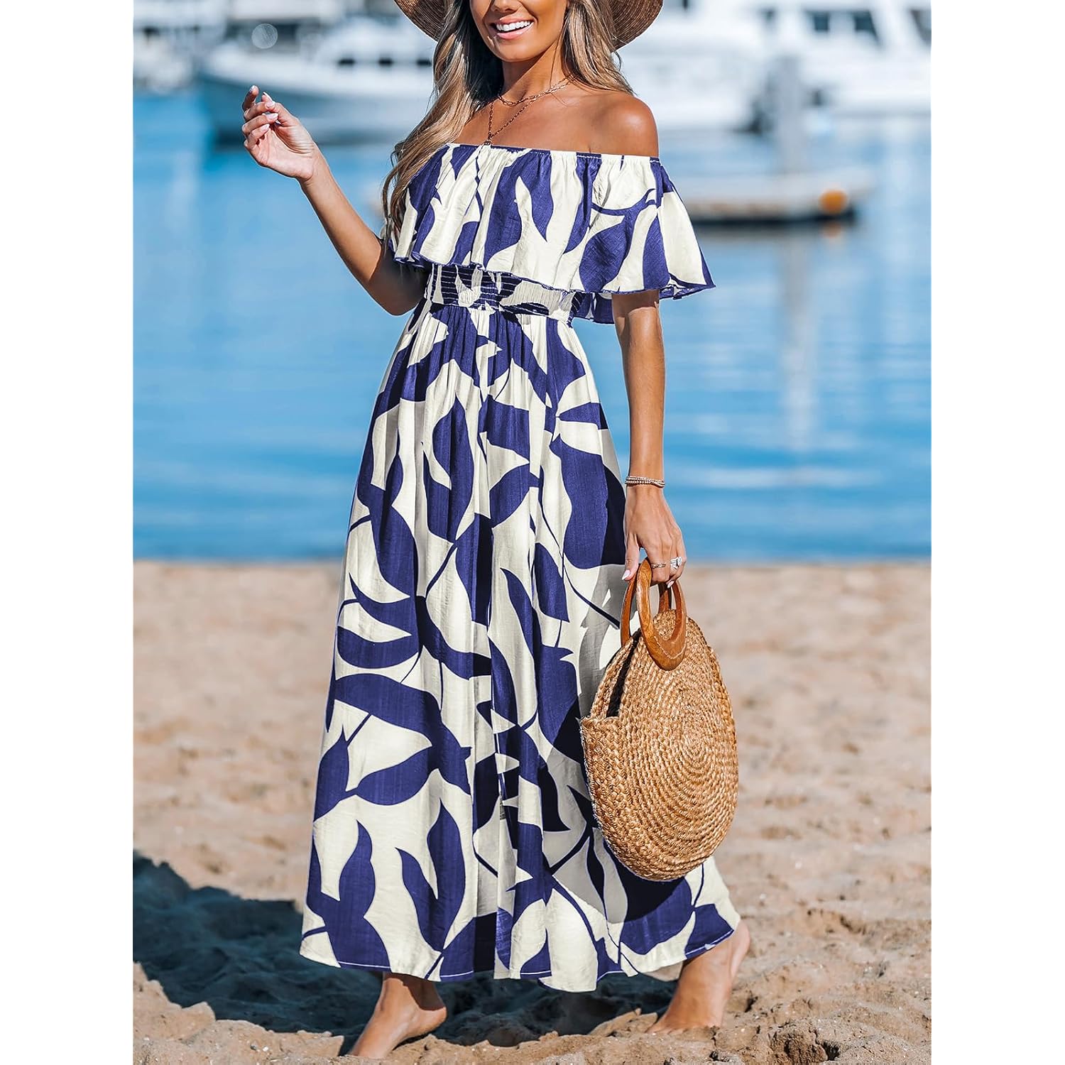 Cupshe Women Ruffle Floral Maxi Summer Dress Off Shoulder Short Sleeve Backless Flounce Bodice Slit Hem Beach Dresses
