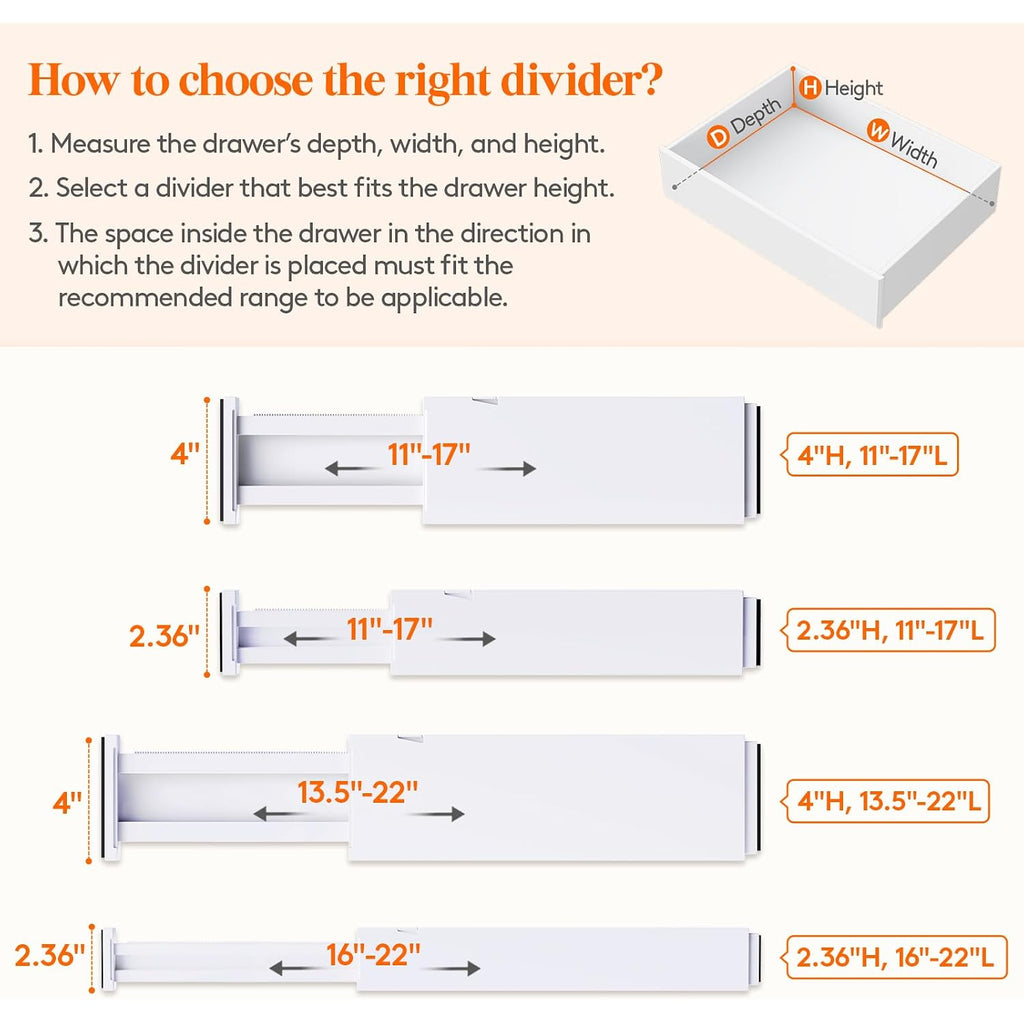 Lifewit 5 Pack Upgrade Drawer Dividers For Clothes, 4" High 11"-17" Adjustable Dresser Drawer Organizers, Expandable White Plastic Drawer Separators For Kitchen, Nursery, Office Organization & Storage
