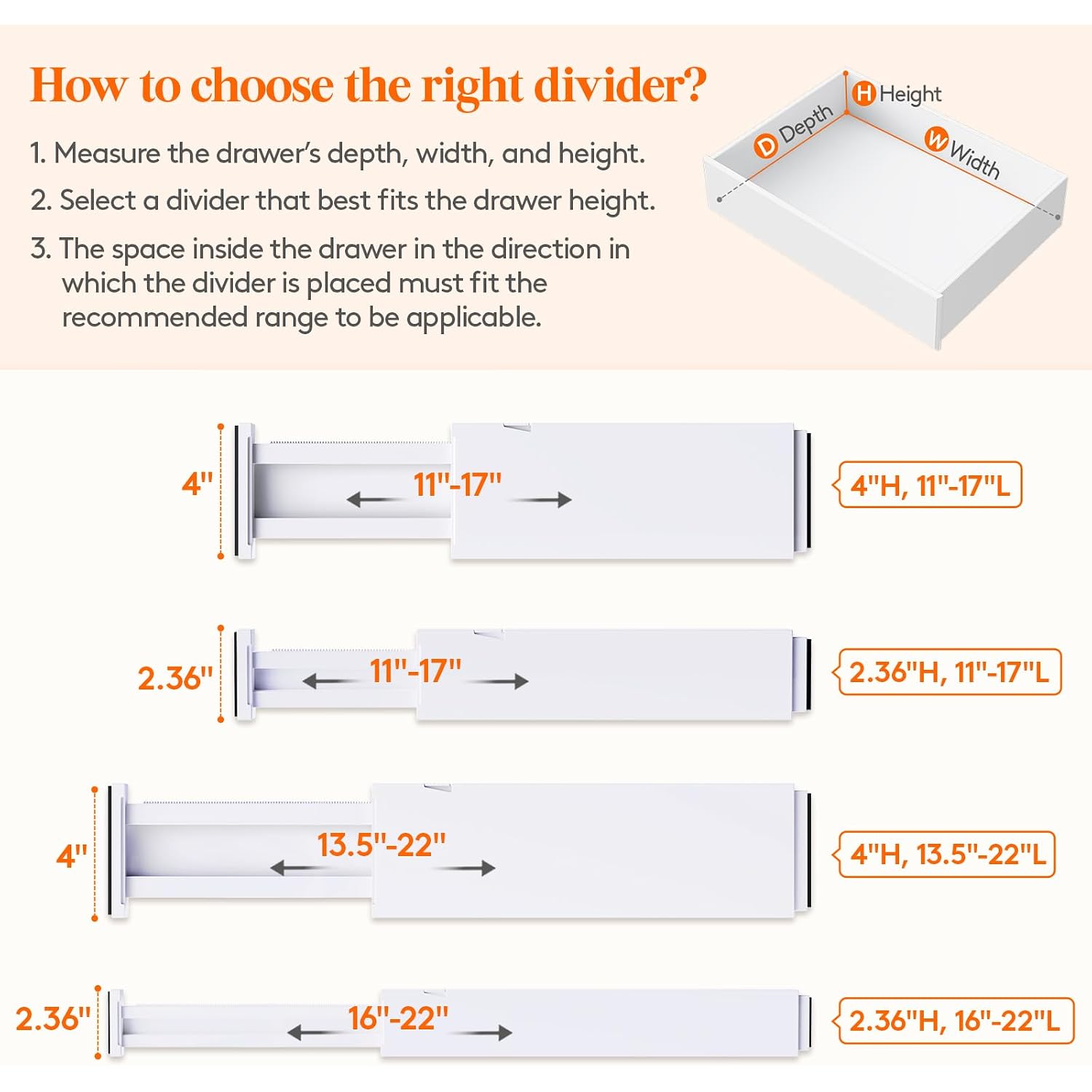 Lifewit 5 Pack Upgrade Drawer Dividers For Clothes, 4" High 11"-17" Adjustable Dresser Drawer Organizers, Expandable White Plastic Drawer Separators For Kitchen, Nursery, Office Organization & Storage