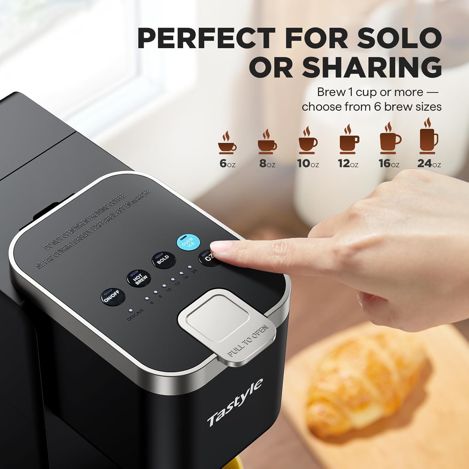 Tastyle Single Serve Coffee Maker, Iced and Hot Coffee Machine for K Cup & Grounds, Compact Design, 40oz Removable Water Reservoir, 6 to 24 Oz Brew Sizes, Fits 7.3" Travel Mug, Black