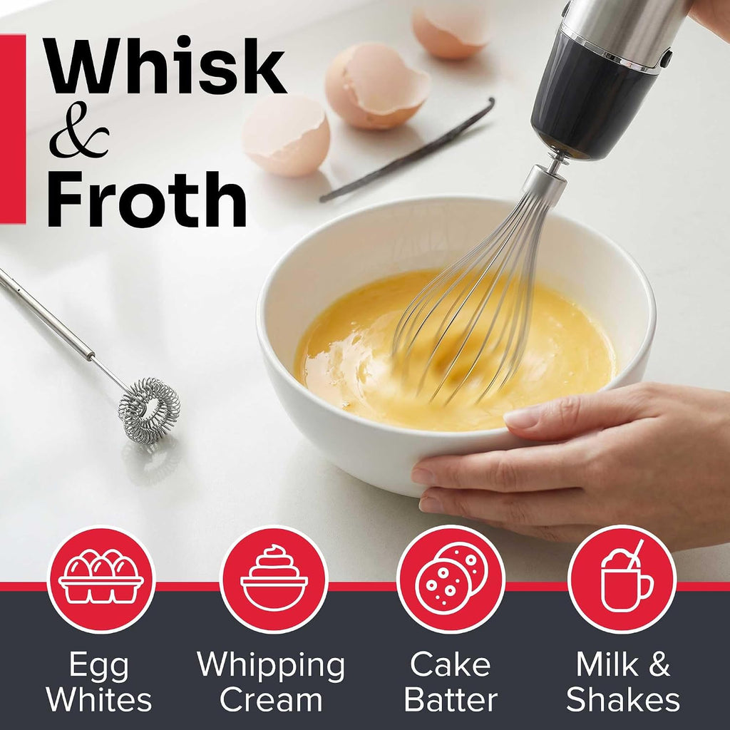 Mueller Multistick 5-In-1 Immersion Blender Handheld,12 Speed Hand Mixer-Turbo Boost,Heaviest Duty Copper Motor,Titanium Reinforced Blades Hand Blender,Milk Frother Wand,Whisk,Beaker,Chopper,Grey