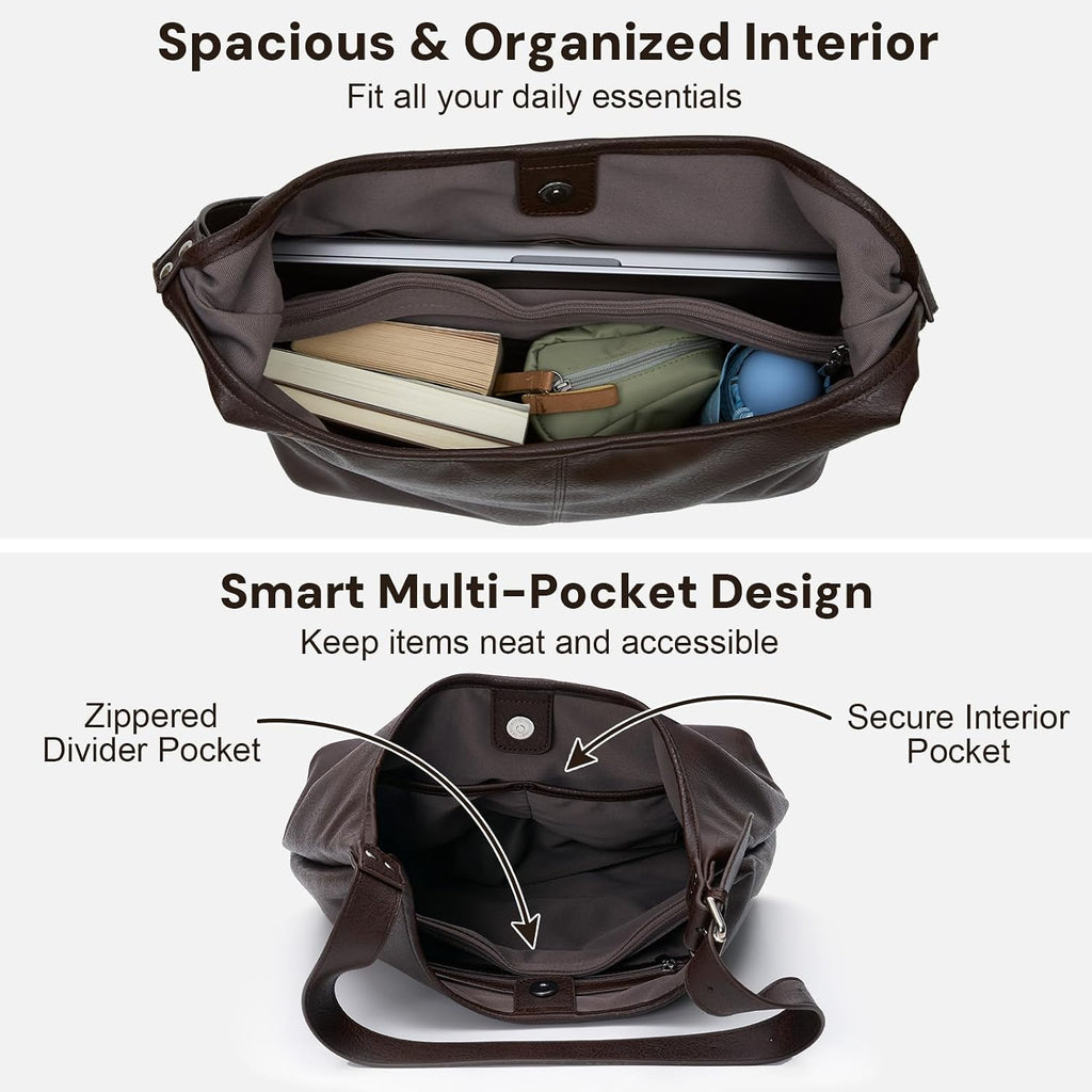 Hobo Bag For Women, Soft Vegan Leather Slouchy Shoulder Tote Purse With Matching Pouch, Adjustable Strap & Magnetic Closure