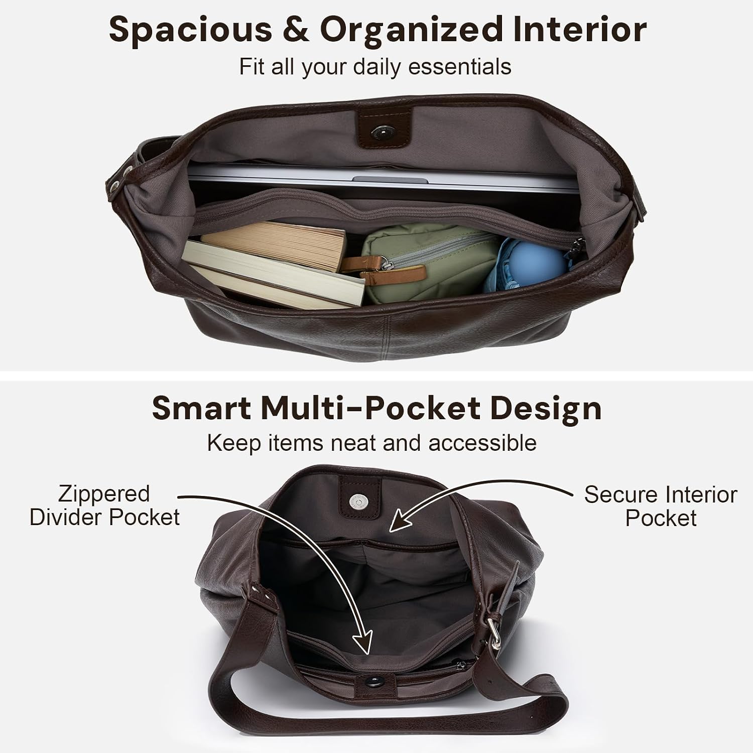 Hobo Bag For Women, Soft Vegan Leather Slouchy Shoulder Tote Purse With Matching Pouch, Adjustable Strap & Magnetic Closure