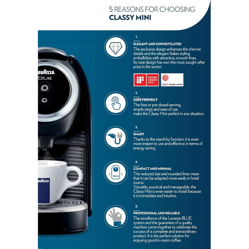 Lavazza Blue Classy Mini Single Serve Espresso Coffee Machine Lb 300, 5.3" X 13" X 10.2" 2 Coffee Selections: Simple Touch Controls, 1 Programmable Free Dose And 1 Pre-Set