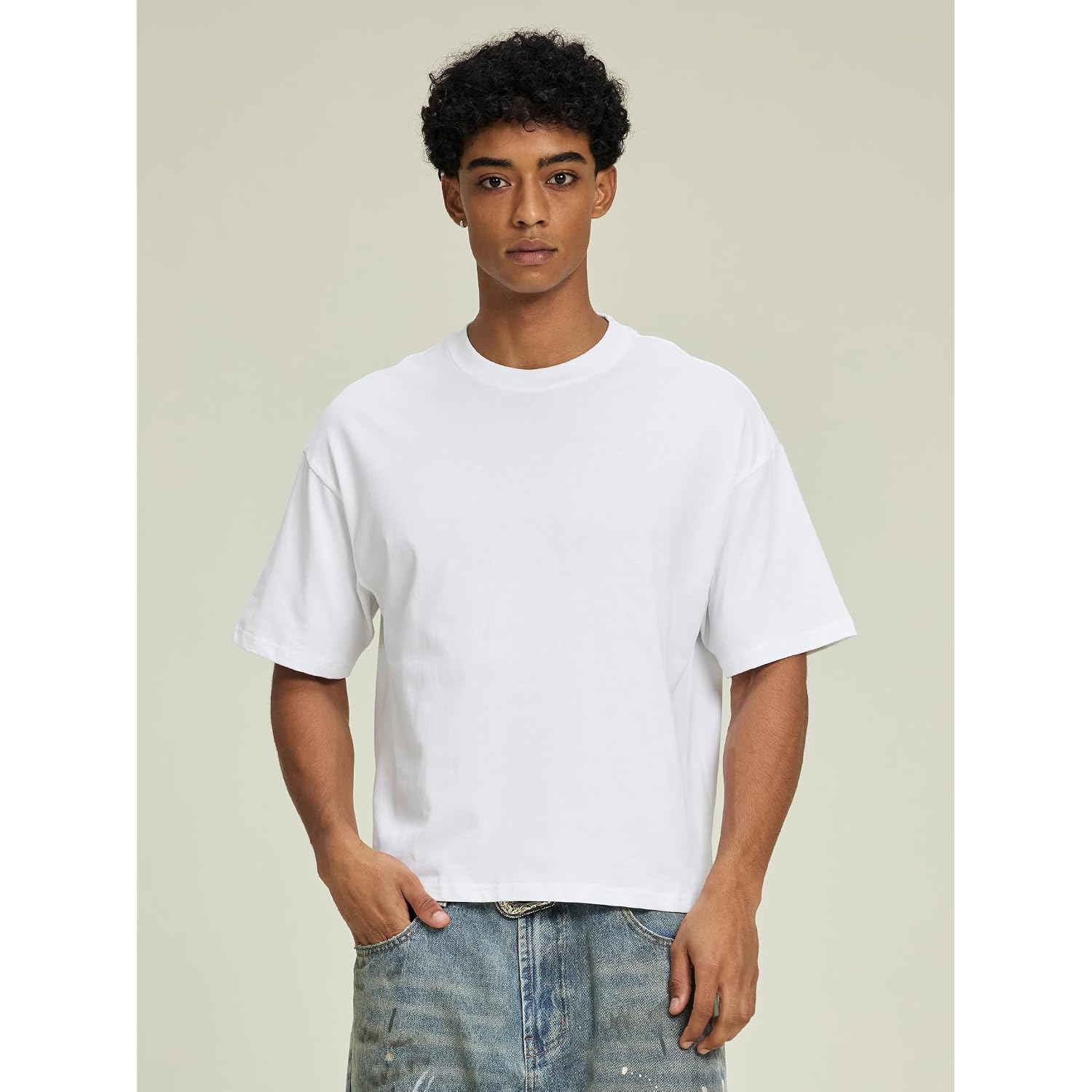 Cropped Oversized Men'S T-Shirts Cotton Fashion Boxy T Shirt Short Sleeve Crew Neck Tee For Men