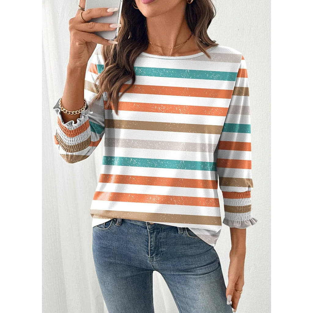 Dokotoo Women's 2026 Fashion Tops 3/4 Sleeve T-Shirts Cute Crewneck Basic Business Tees Blouses Z Orange Stripe