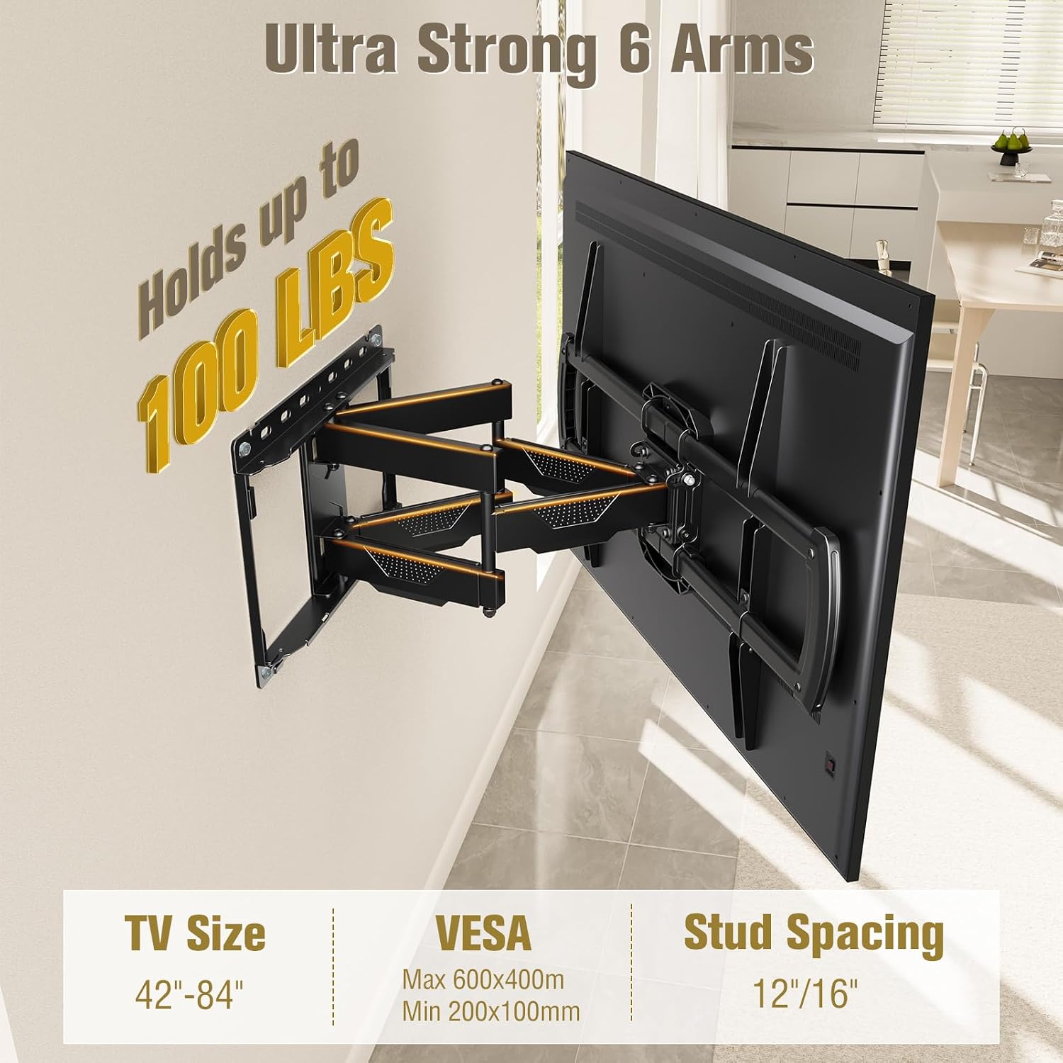 Mounting Dream Tv Wall Mount, Ul Listed Full Motion Mount Bracket For 42-84 Inch Flat Screen Tv, Swivel Articulating Dual Arms, Max Vesa 600X400Mm And 100 Lbs, Fits 16” Stud, Us-Based Customer Service