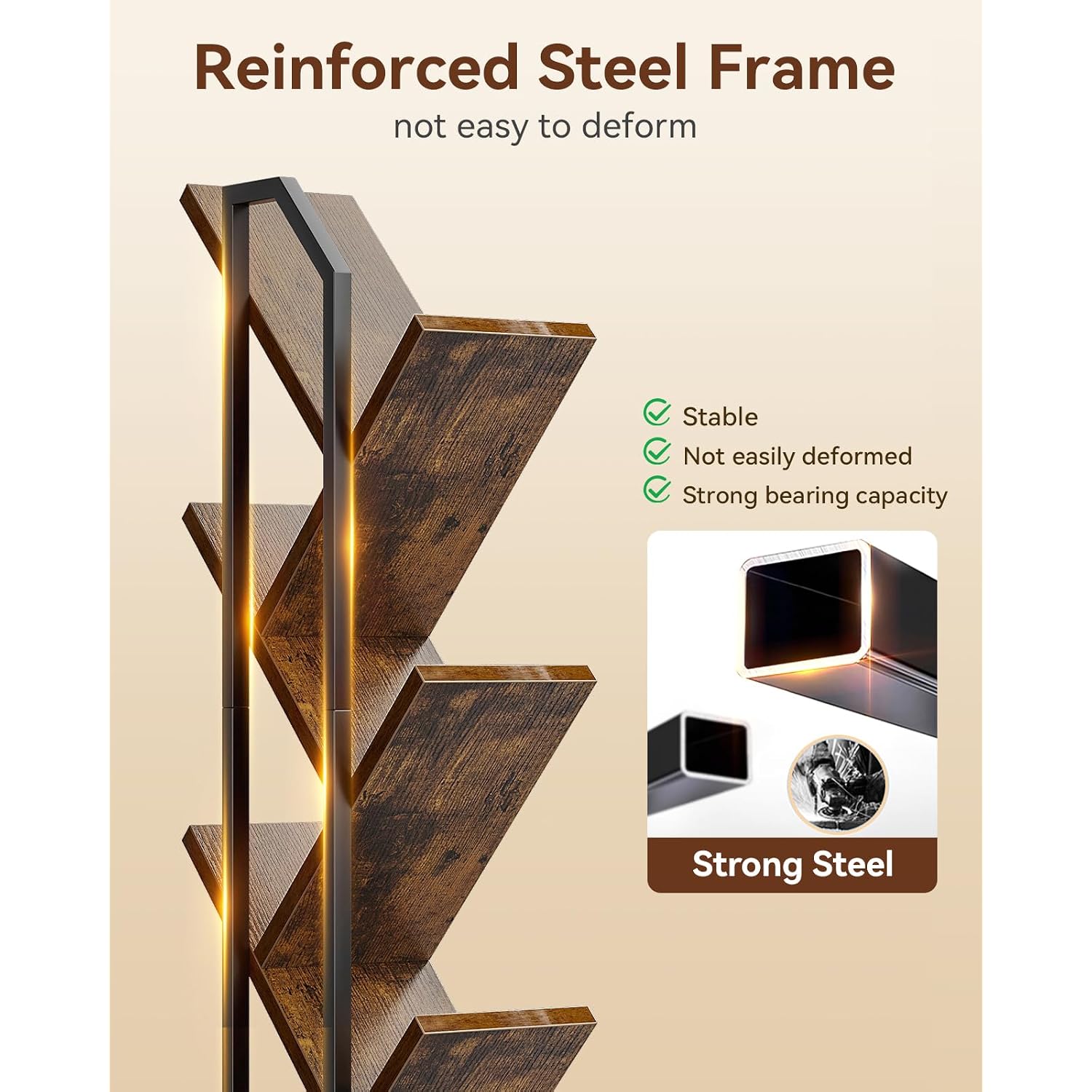 Casaottima Tree Bookshelf With Led Lights, 6-Tier Narrow Bookcase For Small Spaces, Tall Steel & Wood Storage Shelf With Cabinet, Home Decor & Organizer For Living Room/Bedroom/Home Office, Vintage