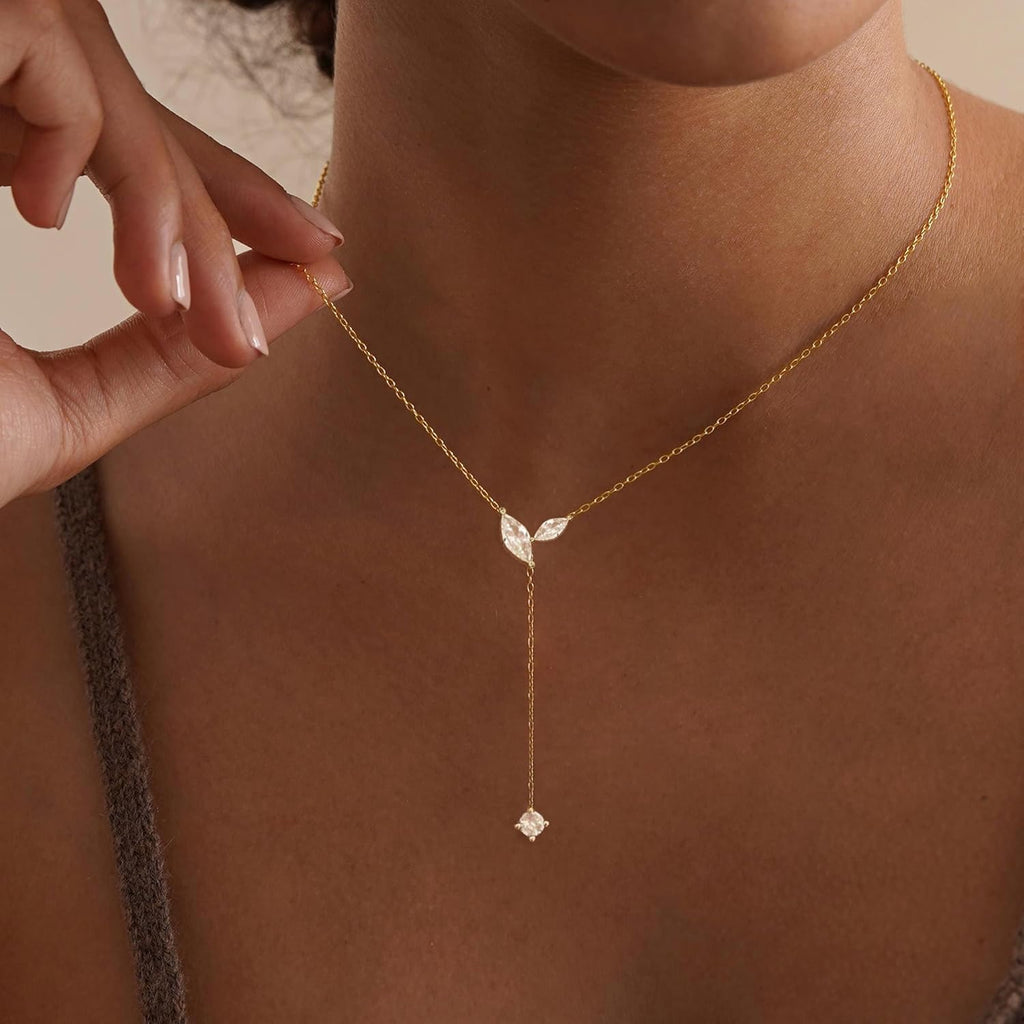 Gold Necklace for Women - Dainty Long Lariat Necklace 14K Gold Plated Clover Star Teardrop CZ Y Shaped Drop Necklaces Cute Long Necklaces for Women Trendy Prom Formal Womens Jewelry