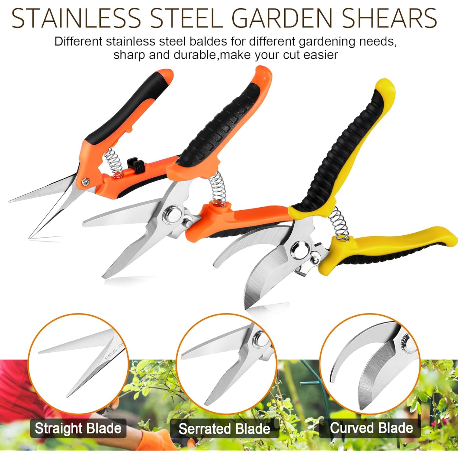 3 Pack Garden Pruning Shears Stainless Steel Blades Handheld Pruners Set With Gardening Gloves