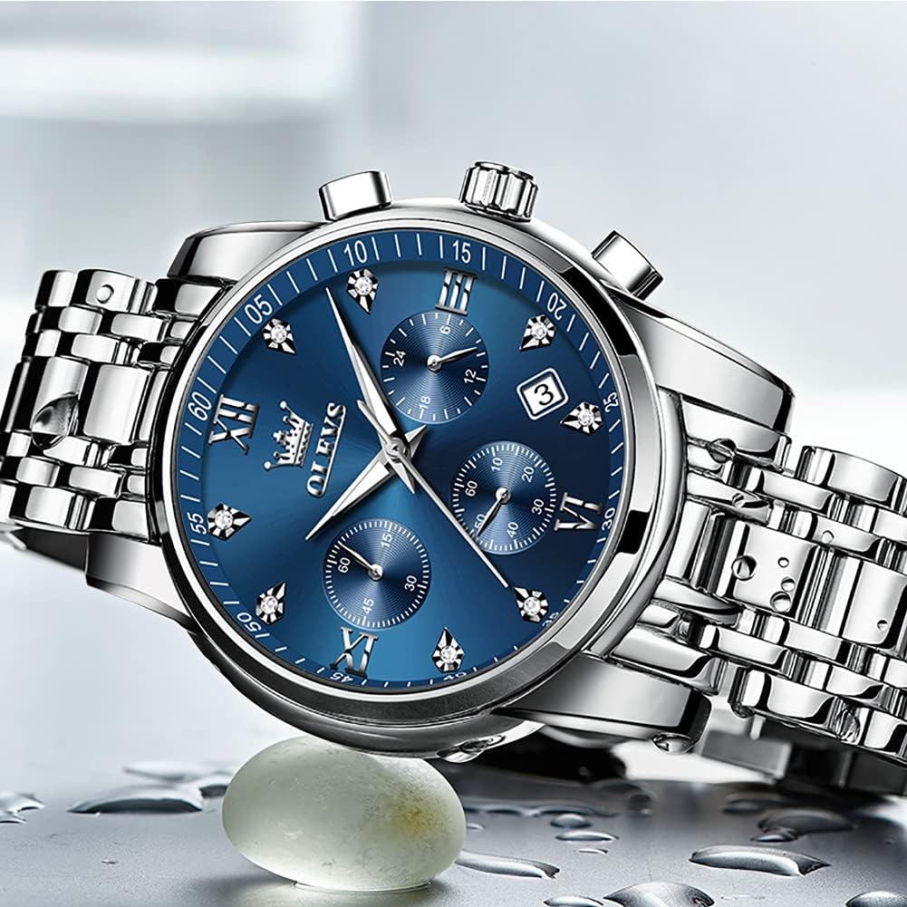 Olevs Men'S Stainless Steel Chronograph Watch, Big Face Gold Silver Black Tone Easy To Read Analog Quartz Watch, Luxury Waterproof Date Diamond Roman Arabic Numerals Dial Dress Watch For Men