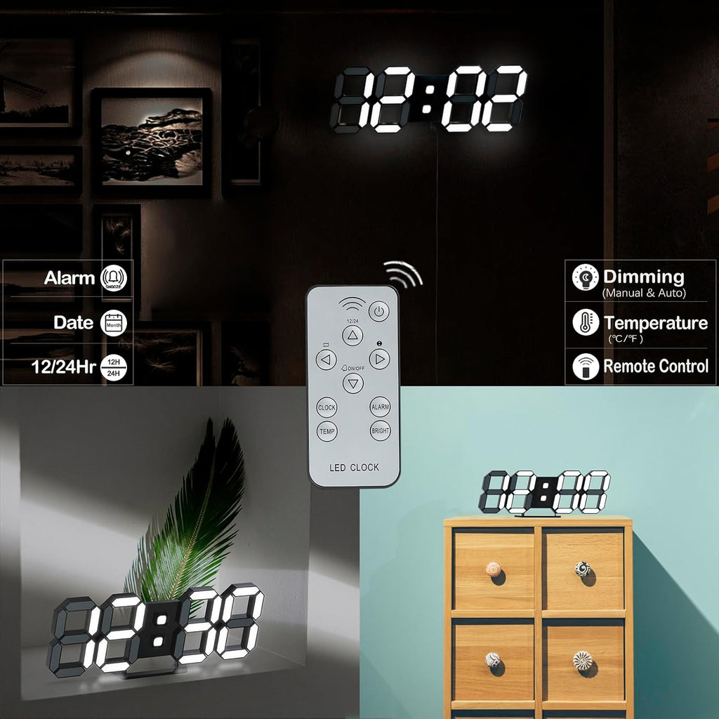 Digital Clock 3D Led Wall Clock For Living Room Decor 9.7" Alarm Clocks Black Clock Wall Decor Digital Wall Clock,Remote Control/Dimmer/Date/Temperature