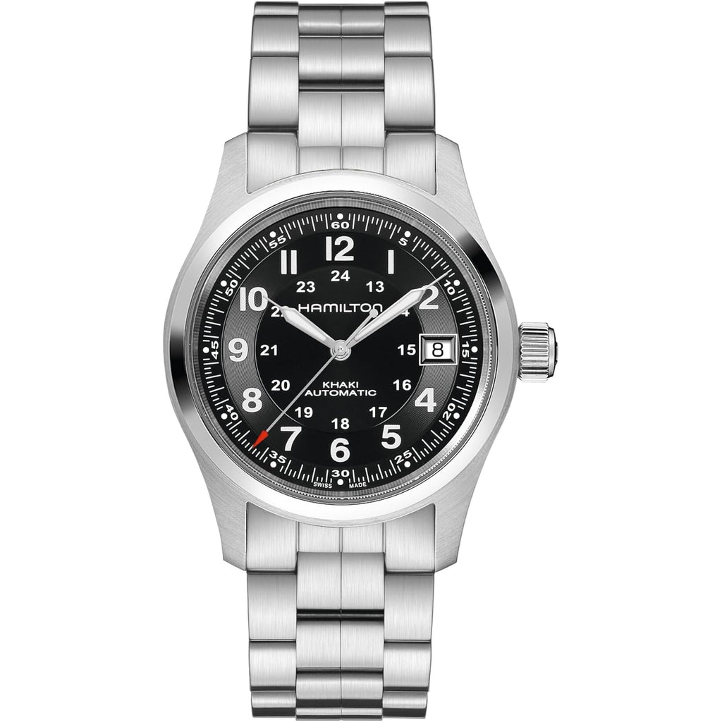 Hamilton Khaki Field Automatic Men'S Watch, 38Mm Stainless Steel Case, Swiss Made, Black Dial Analog Wrist Watch For Men, 100M Waterproof, Sapphire Crystal, 3-Hand Movement, Stainless Steel Strap