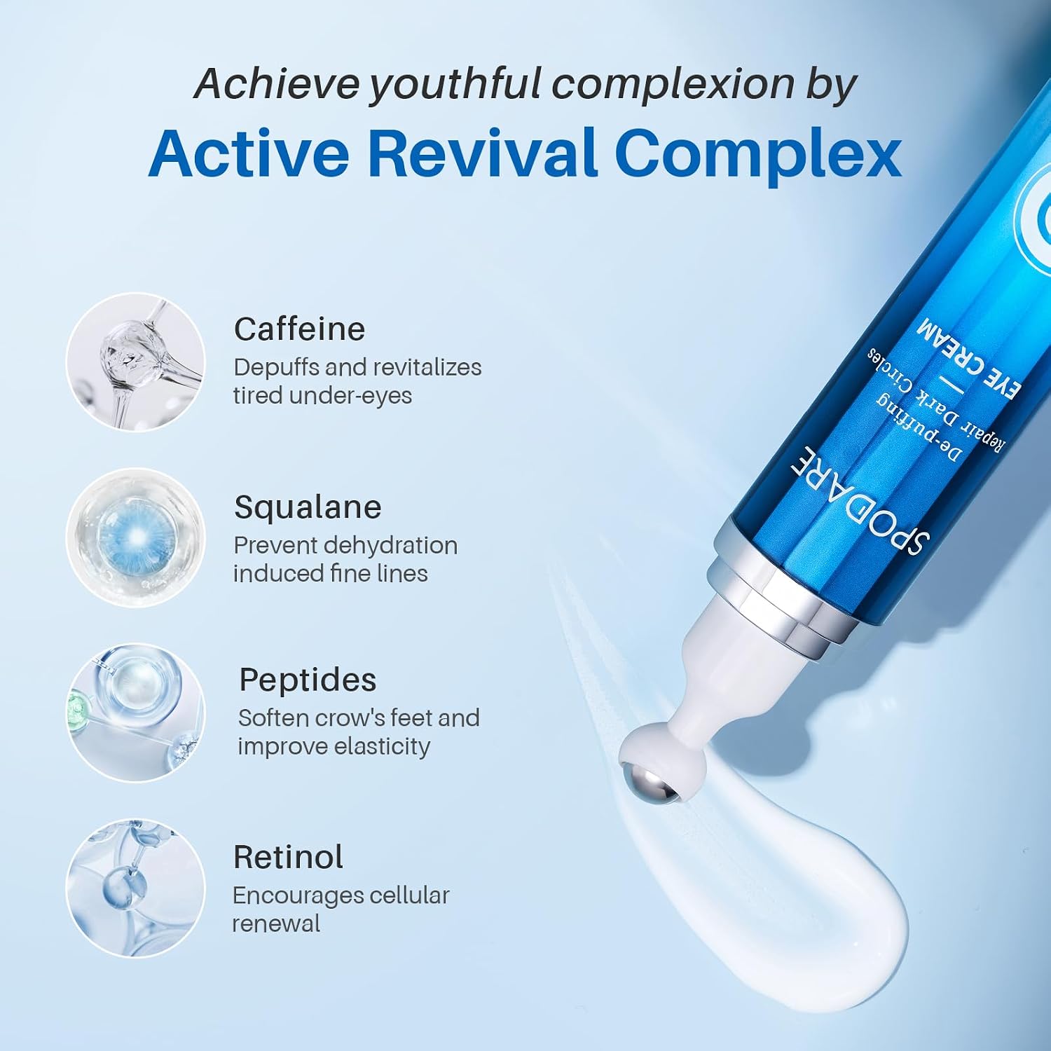 Spodare Under Eye Cream For Dark Circles And Puffiness, Caffeine Retinol Formula With 360 Degree Cooling Massage Ball, Peptides And Squalane For Eye Bags, Fine Lines And Wrinkles, 0.7 Fl Oz