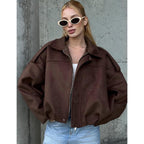 Womens Faux Suede Bomber Jacket Oversized Batwing Long Sleeve Zip Up Cropped Coat Streetwear