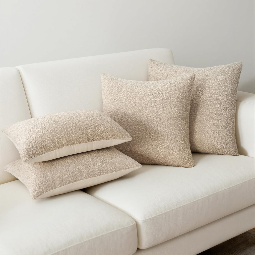 Topfinel Beige White Boucle Pillow Cover Set of 4 Complete Sofa Layering Set Modern Farmhouse & Neutral Chair Sofa Couch Bedding Room Decor (12"x20"x2,18"x18",20"x20")