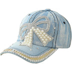 Women's Denim Baseball Cap with Pearl Rhinestone Trendy Y2k Visors UV Protection Sun Hat Outdoor 2026 Bow-dark Blue