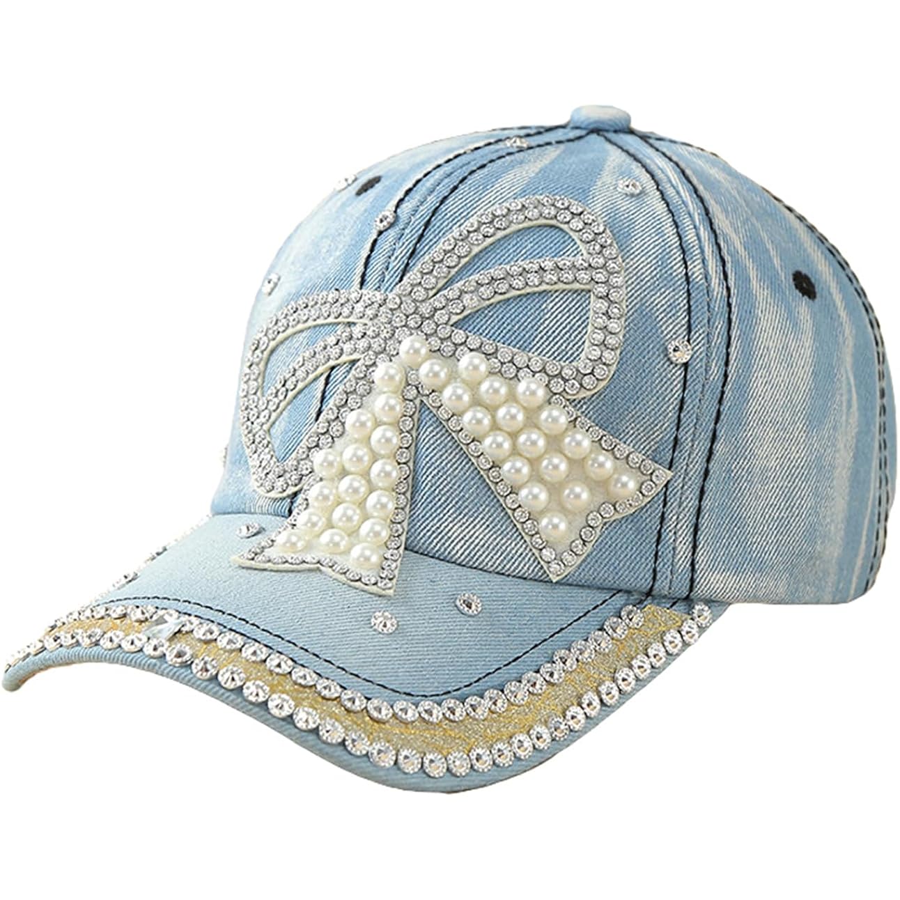 Women's Denim Baseball Cap with Pearl Rhinestone Trendy Y2k Visors UV Protection Sun Hat Outdoor 2026 Bow-dark Blue