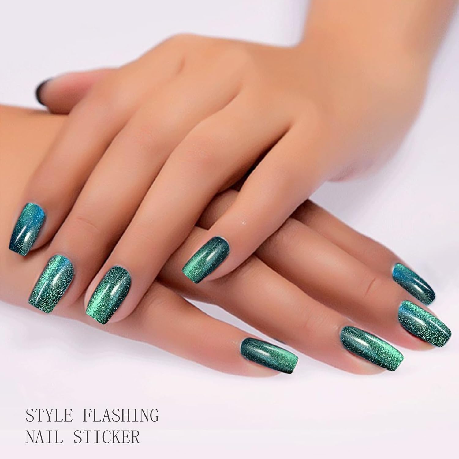 JMEOWIO Gel Nail Stickers Green Cat Eye Semi Cured Gel Nail Strips Wraps UV/LED Nails Art Design Decoration Accessories