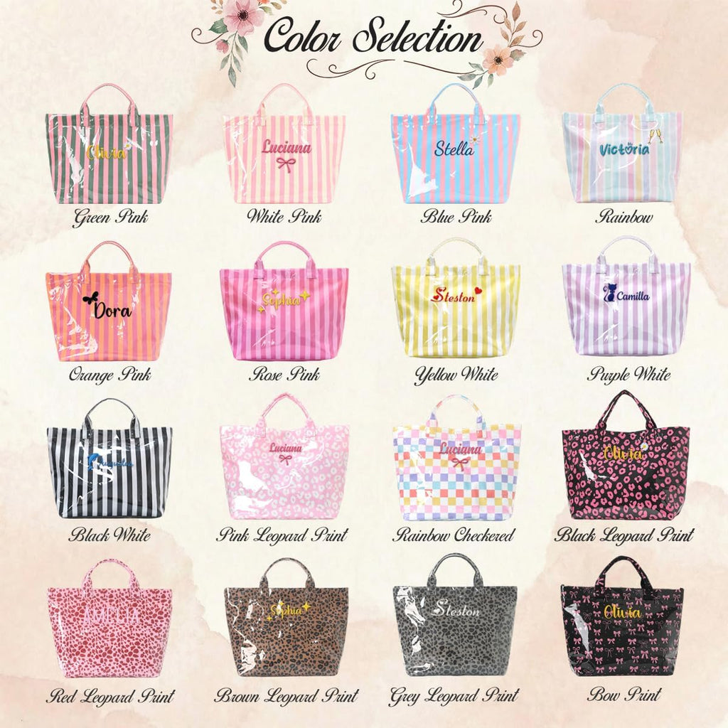 Personalized Striped PVC Tote Bag for Women w/ Name, Custom Waterproof Stylish Plastic Glossy Bag for Beach Pool Large Plaid Letters Print Hobo Handbag for Summer Vacation Travel, Girls Trip Gift