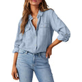 Astylish Women Button Down Denim Shirts Casual Long Sleeve V Neck Chambray Blouse Top