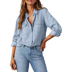 Astylish Women Button Down Denim Shirts Casual Long Sleeve V Neck Chambray Blouse Top