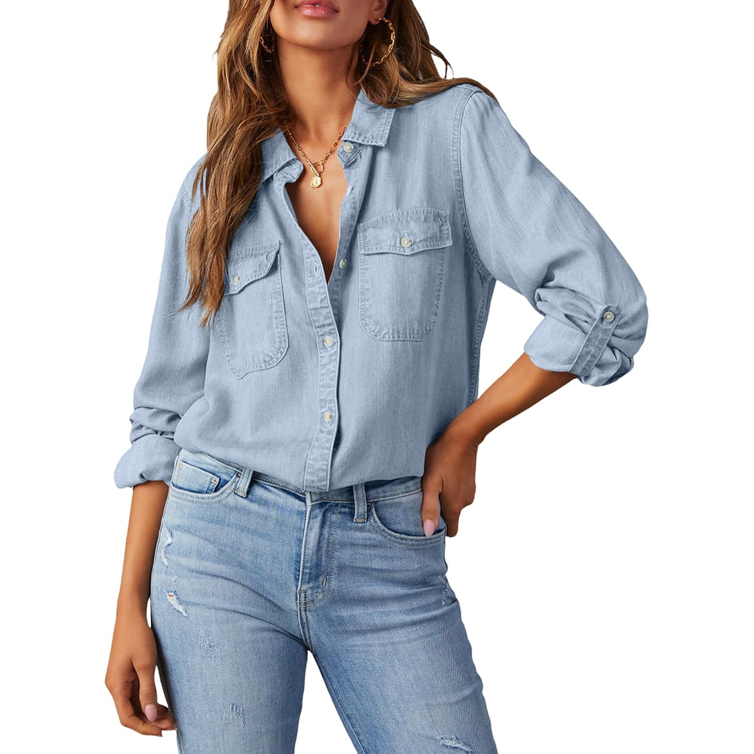Astylish Women Button Down Denim Shirts Casual Long Sleeve V Neck Chambray Blouse Top