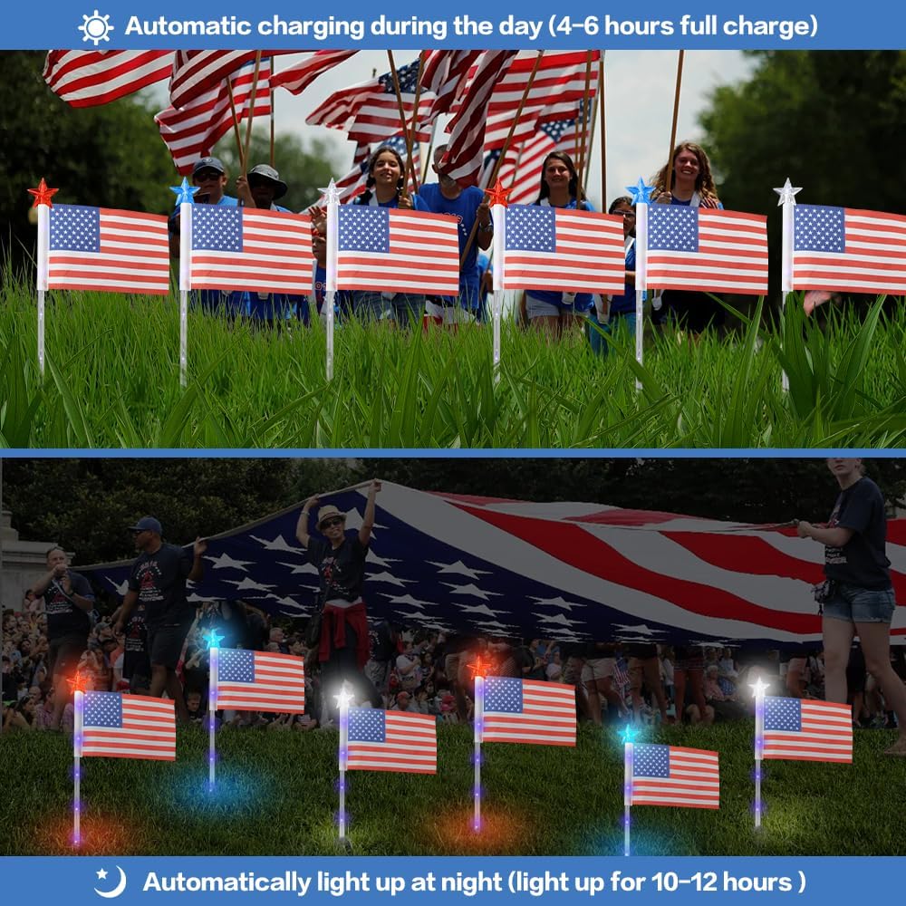 4Th Of July Decorations Outdoor American Flag Lights, 6-Pack Red White And Blue Solar Stars Lights With 6 Usa Flags & 30Led,Bright Patriotic Pathway Lights For Memorial Day Yard Lawn Decor