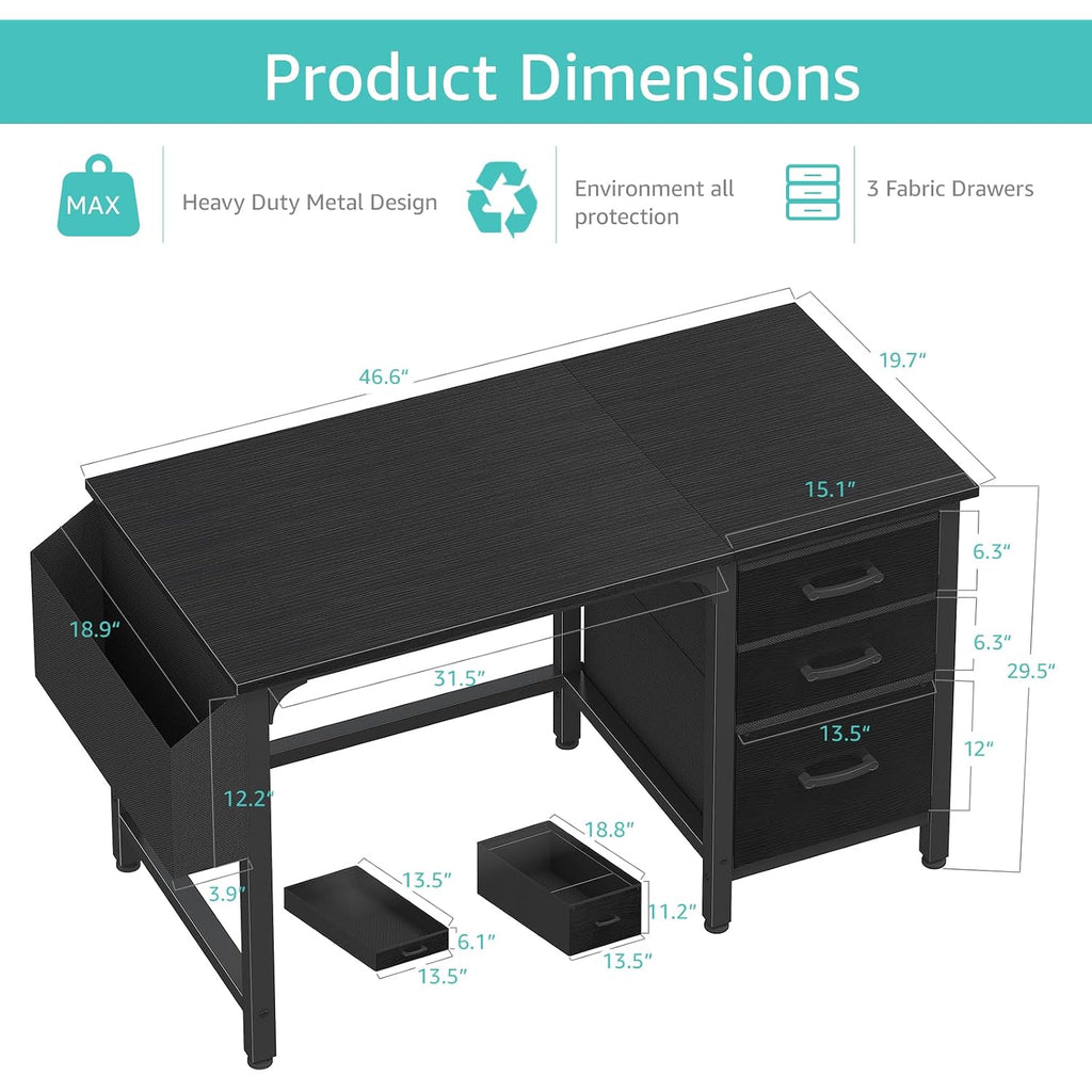 Lufeiya Computer Desk With File Drawers Cabinet, 47 Inch Reversible Home Office Desks With Filing Cabinet For Small Space, Gaming Study Writing Table Pc Desks, Black