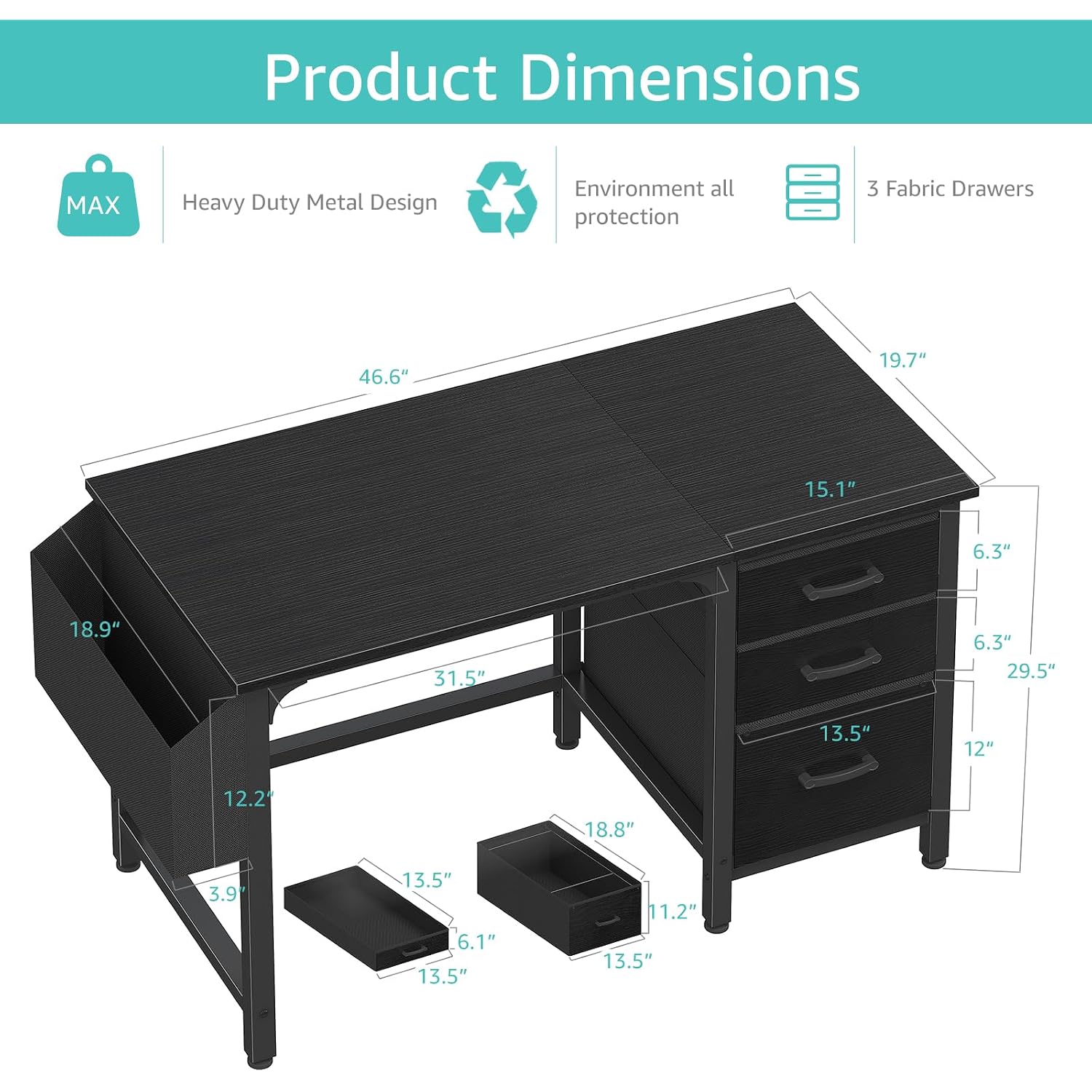 Lufeiya Computer Desk With File Drawers Cabinet, 47 Inch Reversible Home Office Desks With Filing Cabinet For Small Space, Gaming Study Writing Table Pc Desks, Black