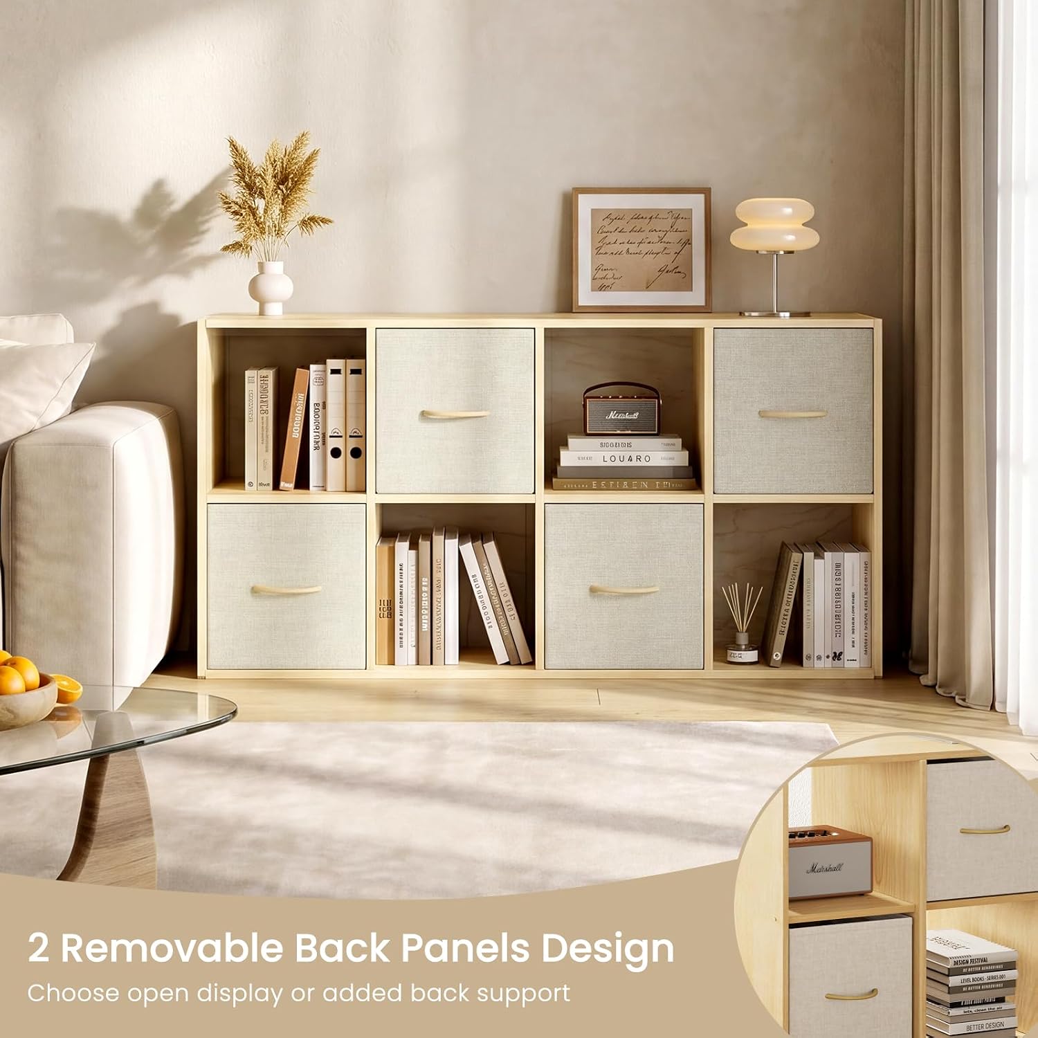 8 Cube Storage Organizer - Solid Wood Bookshelf With 4 Storage Bins, Cube Shelf With 2 Removable Back Panels, Vertical Or Horizontal Bookcase, Open Book Shelf For Bedroom, Living Room, Office