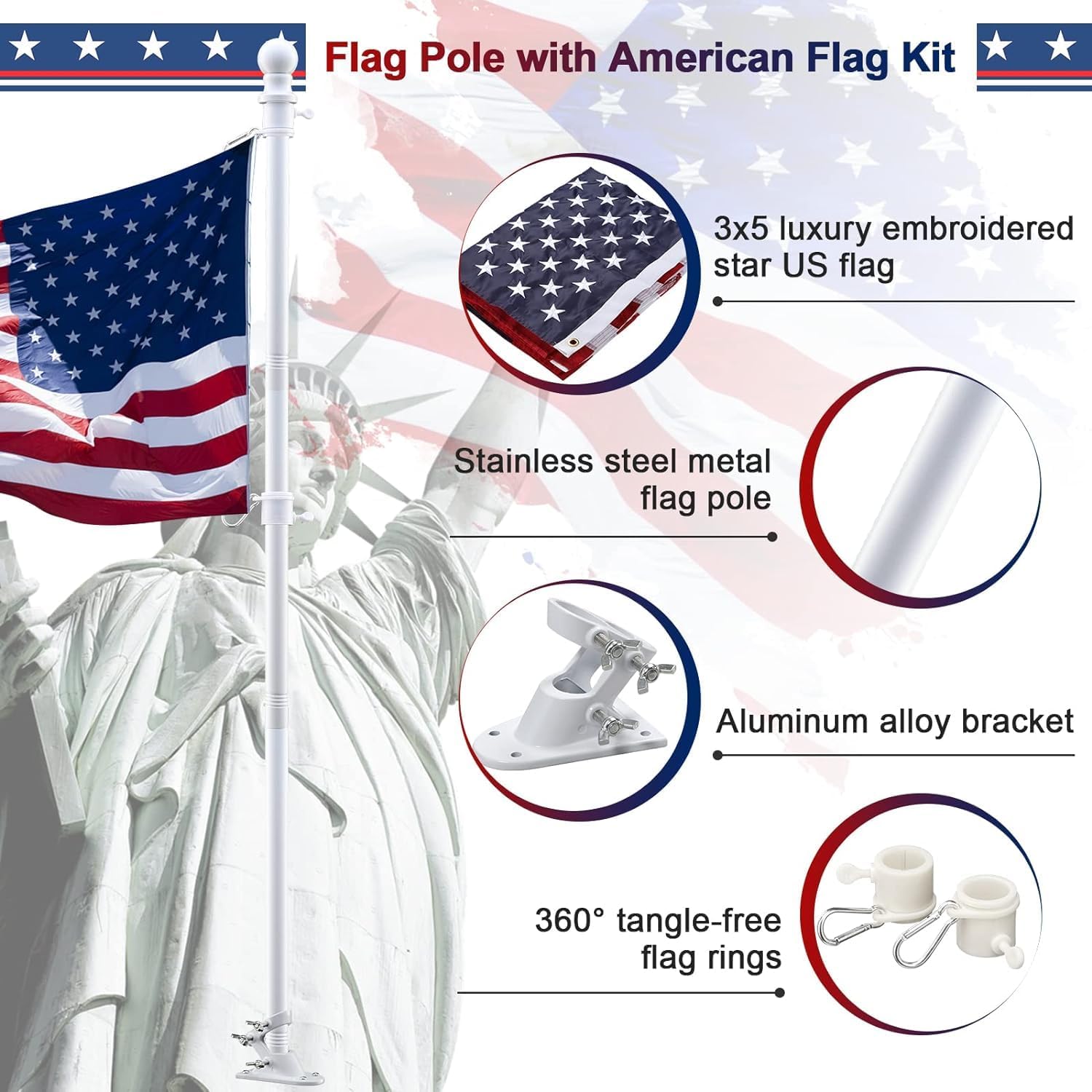Flag Pole Kit With 3X5 American Flag - Includes 5Ft Heavy Duty Tangle Free Flagpole,Embroidered 3X5 Us Flag,Aluminum Mount Holder Bracket,Metal Flagpoles For Outside House,Porch,Outdoor - White