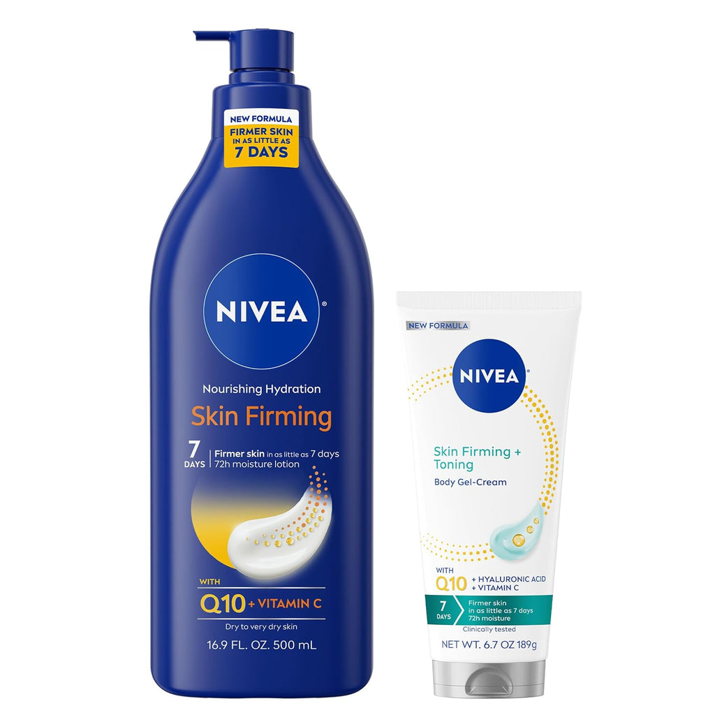 Nivea Nourishing Hydration Skin Firming Body Lotion (16.9 Fl Oz) + Skin Firming & Toning Body Gel Cream With Hyaluronic Acid (6.7 Oz), Enriched With Q10 And Vitamin C