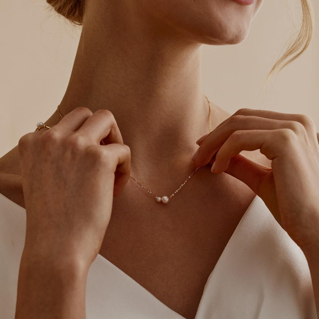 Mothers Day Gifts- Pearl Necklaces for Women Trendy, 14k Gold Plated Dainty Necklace Simple Pearl Drop Single Charm Pendant Necklace Birthday Wedding Gifts Gold Jewelry for Women