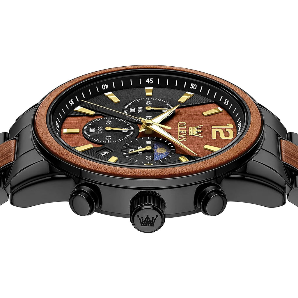 Olevs Men Analog Quartz Waterproof Watches Multifunction Chronograph Diamond Moon Phase Luminous Silicone Band Wrist Watches