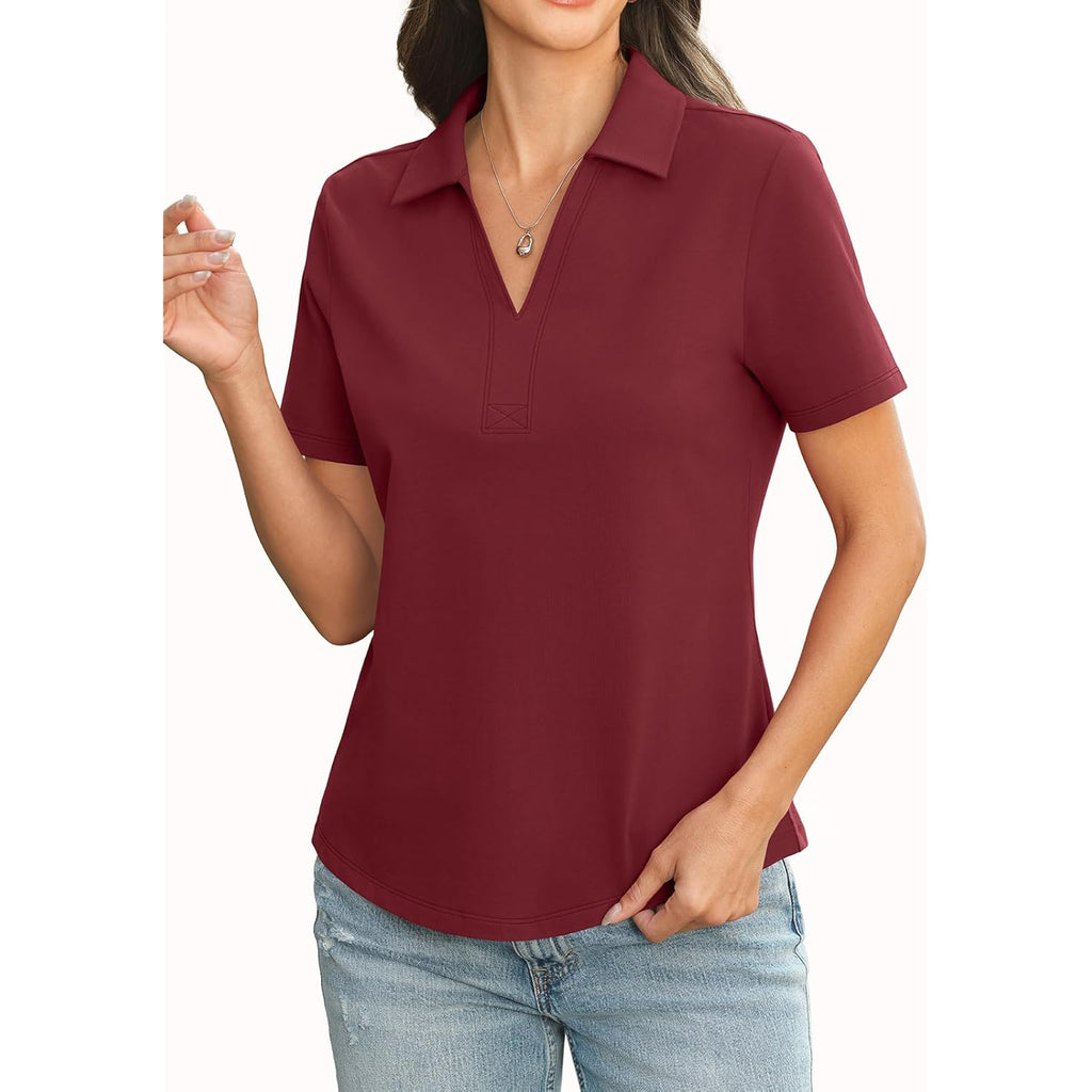 Womens Cotton Polo Shirts Short Sleeve V Neck Collared Tops Loose Fit Work Blouses Casual Summer Outfits 2026