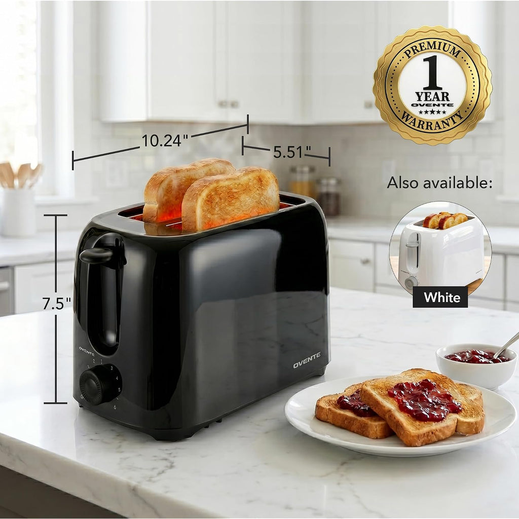 Ovente Electric 2 Slice Toaster Machine With 6-Shade Browning Selector Setting, Compact Design And Removable Crumb Tray, 700W Power Perfect For Toasting Bread, Thin Bagels And Waffles, Black Tp2210B