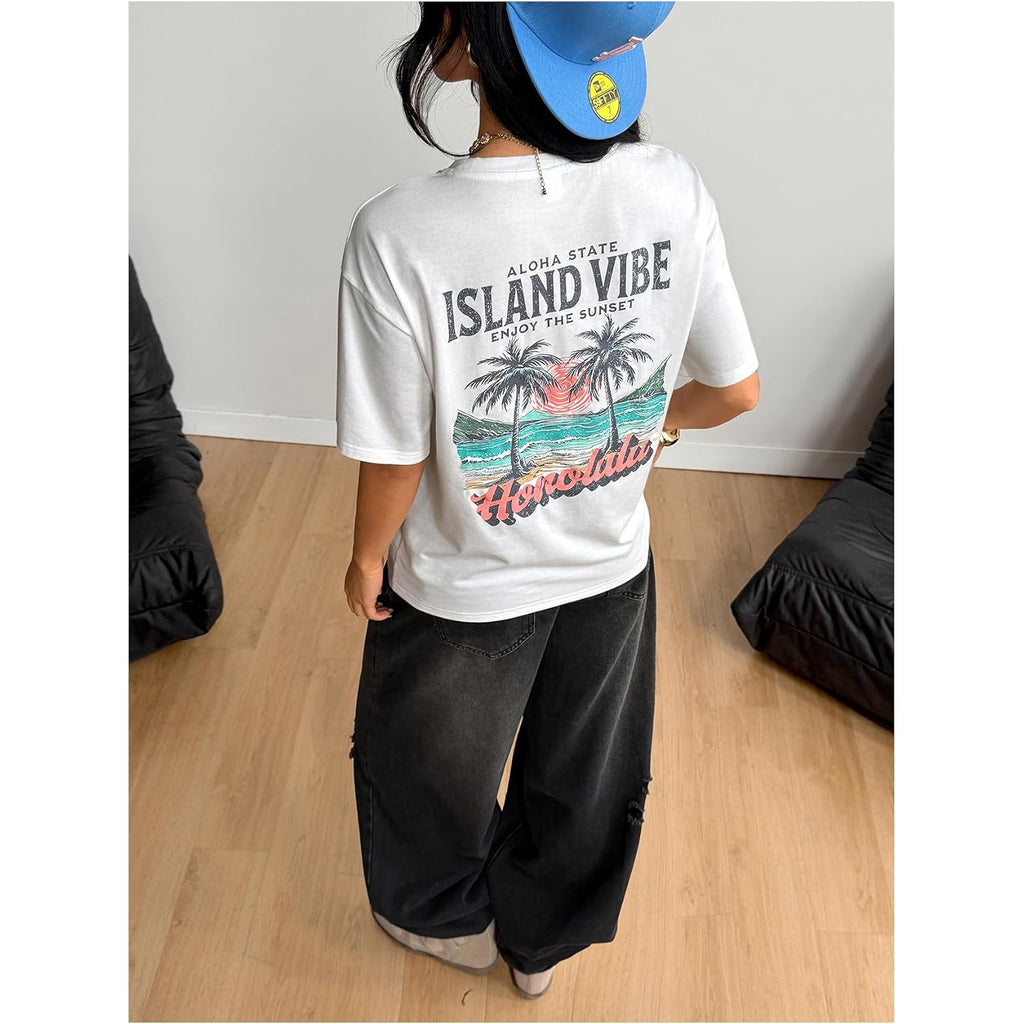 SOLY HUX Women's Hawaiian Beach T Shirts Tropical Graphic Tess Short Sleeve Tops Vacation Clothes White Graphic